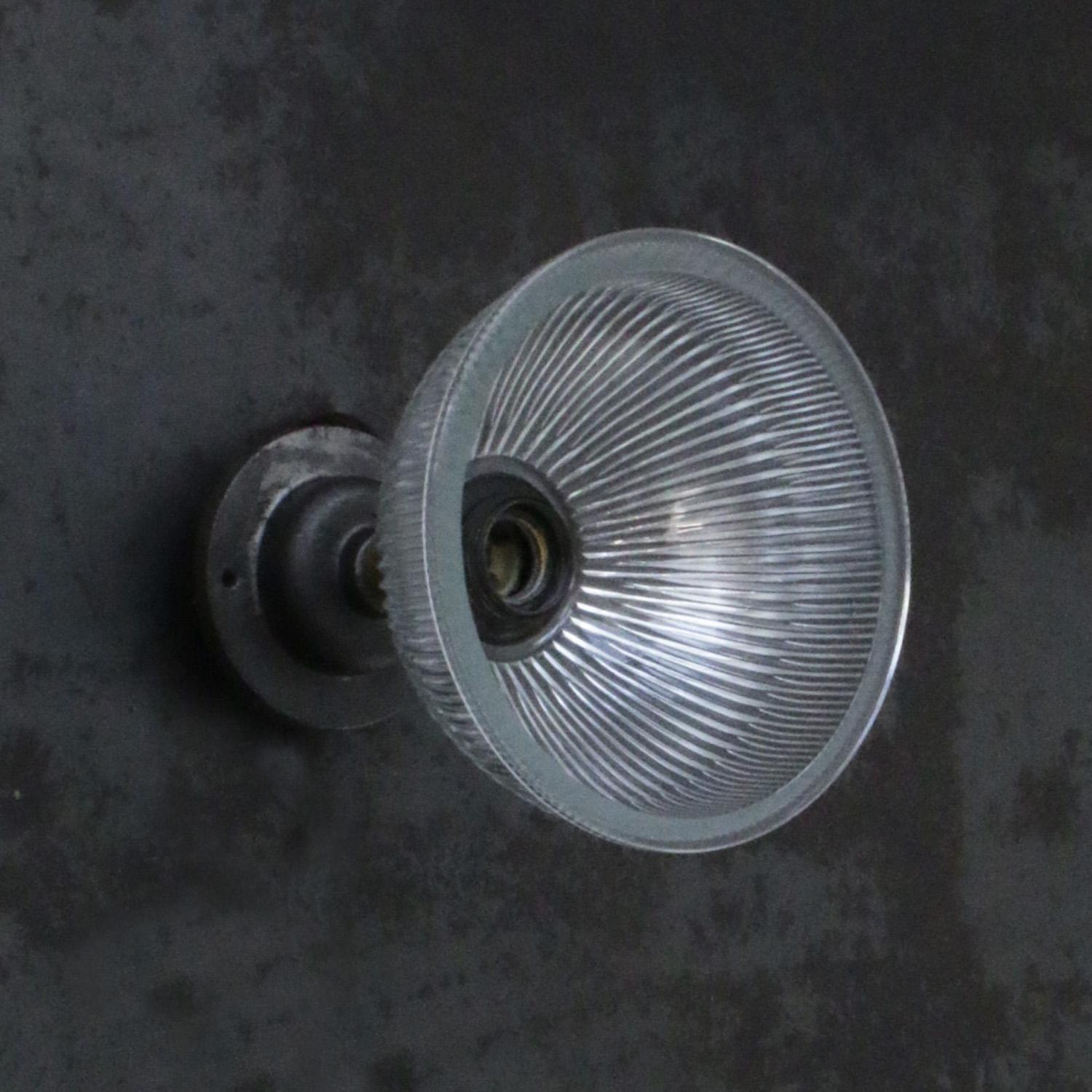 Clear Holophane Glass Cast Iron Brass Sconces Wall Lamps In Good Condition For Sale In Amsterdam, NL