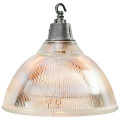 Clear Holophane UK Glass Vintage Industrial Metal Top Pendant Light