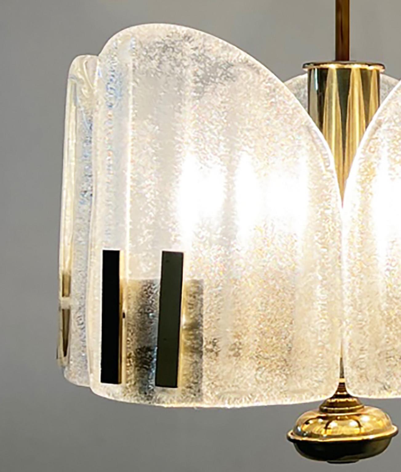 Brass Clear Ice Glass Chandelier in the style of Fagerlund, 1960s For Sale