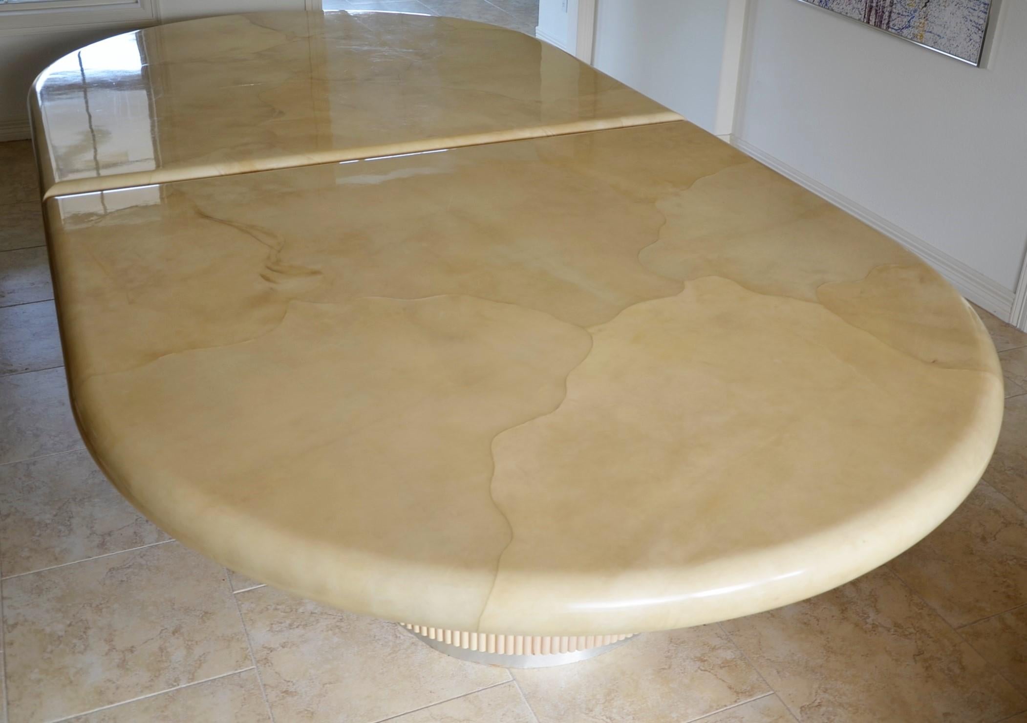 Clear Lacquered Goatskin Top w/ Wood and Metal Bases Dining or Conference Table In Good Condition For Sale In Houston, TX