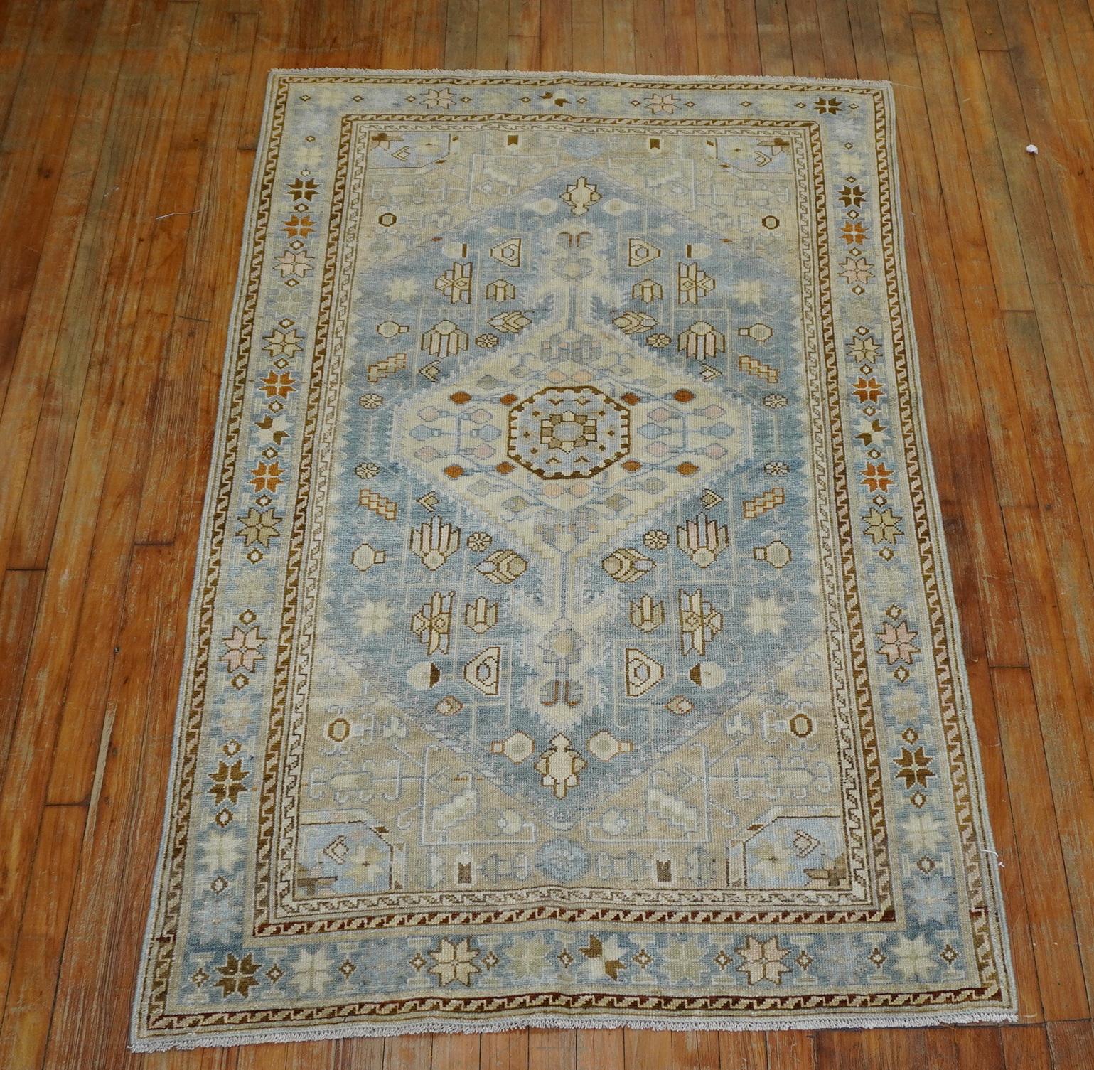 Clear Light Blue Ivory Antique Persian Malayer Rug For Sale 5