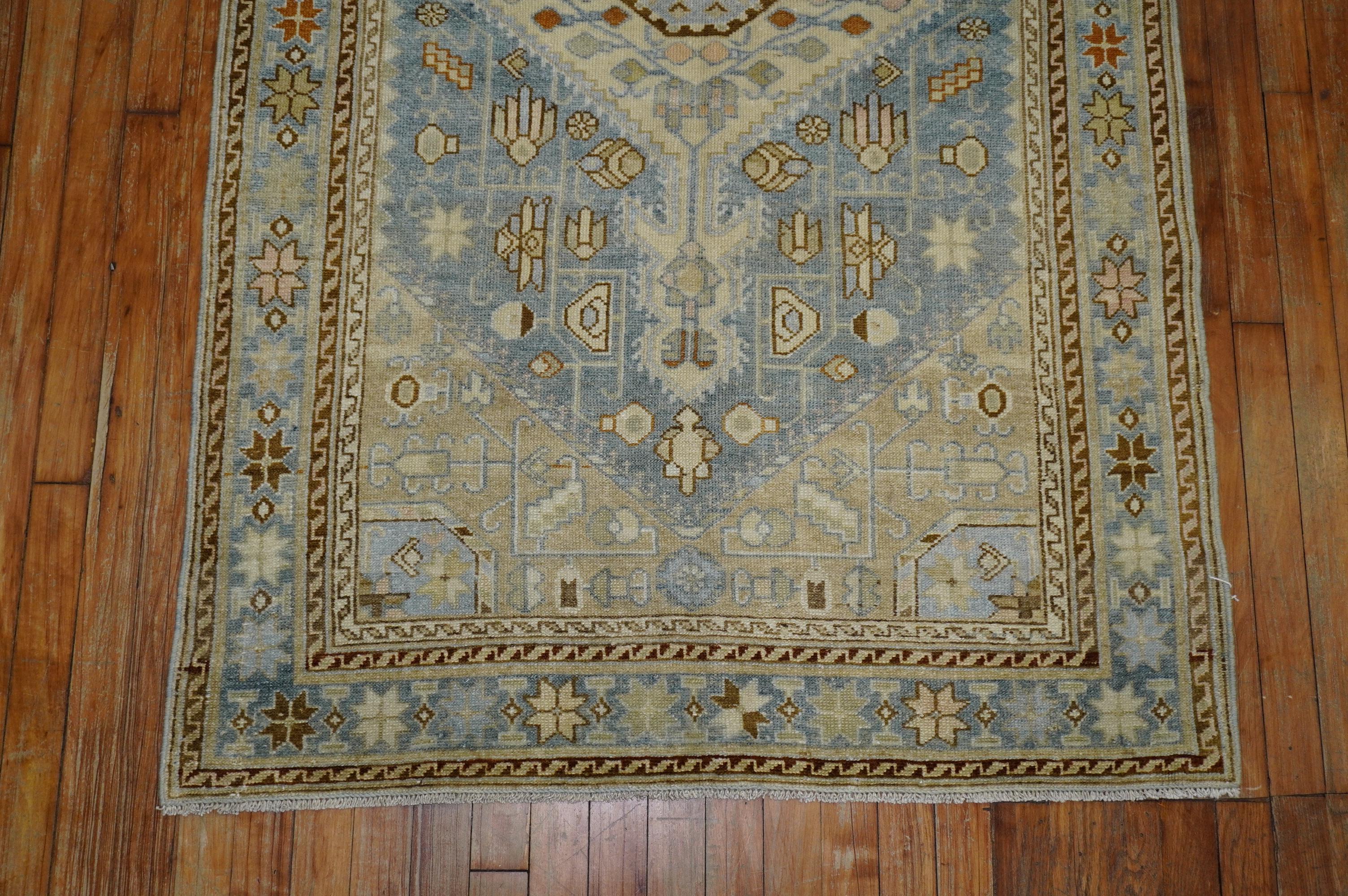 Clear Light Blue Ivory Antique Persian Malayer Rug For Sale 2