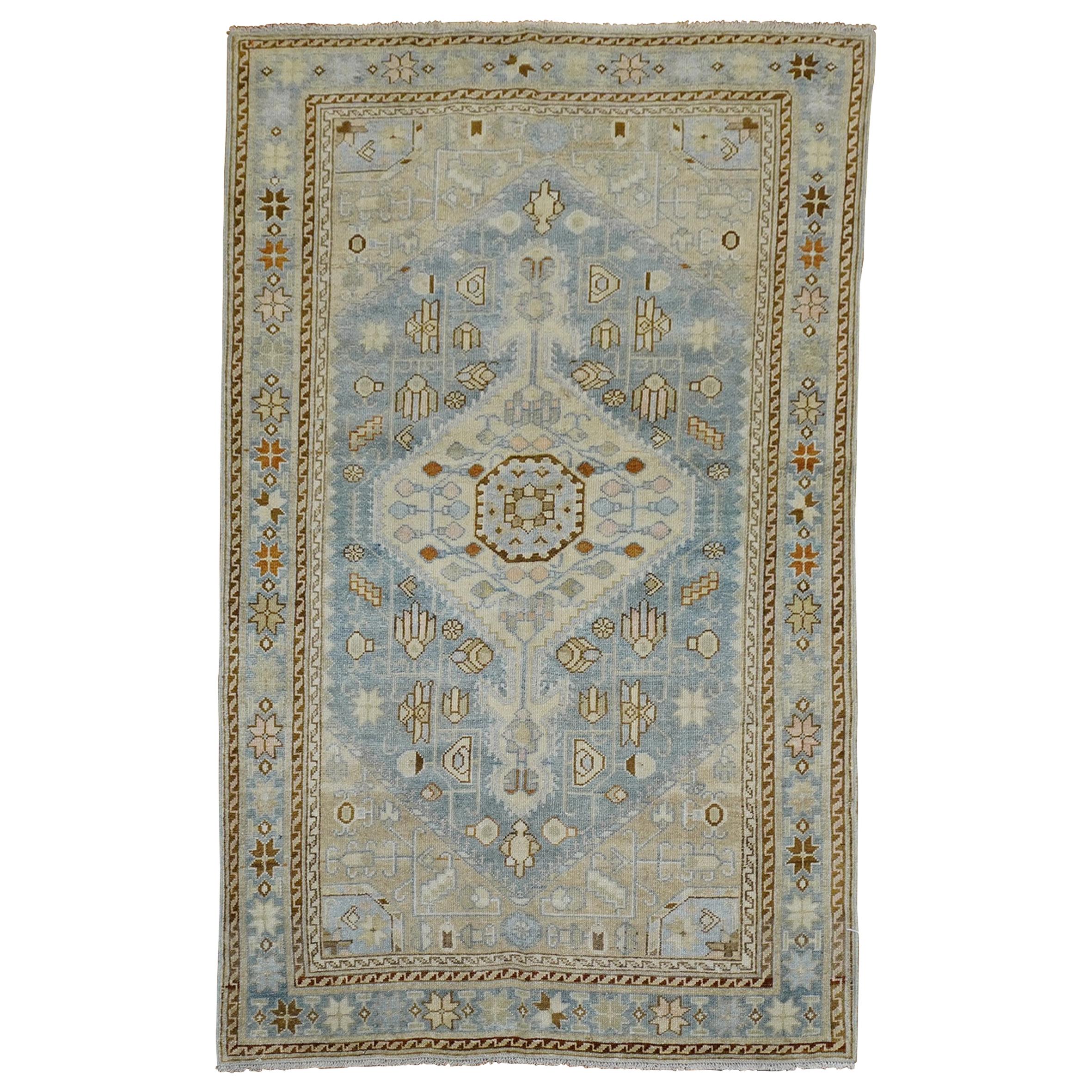 Clear Light Blue Ivory Antique Persian Malayer Rug For Sale