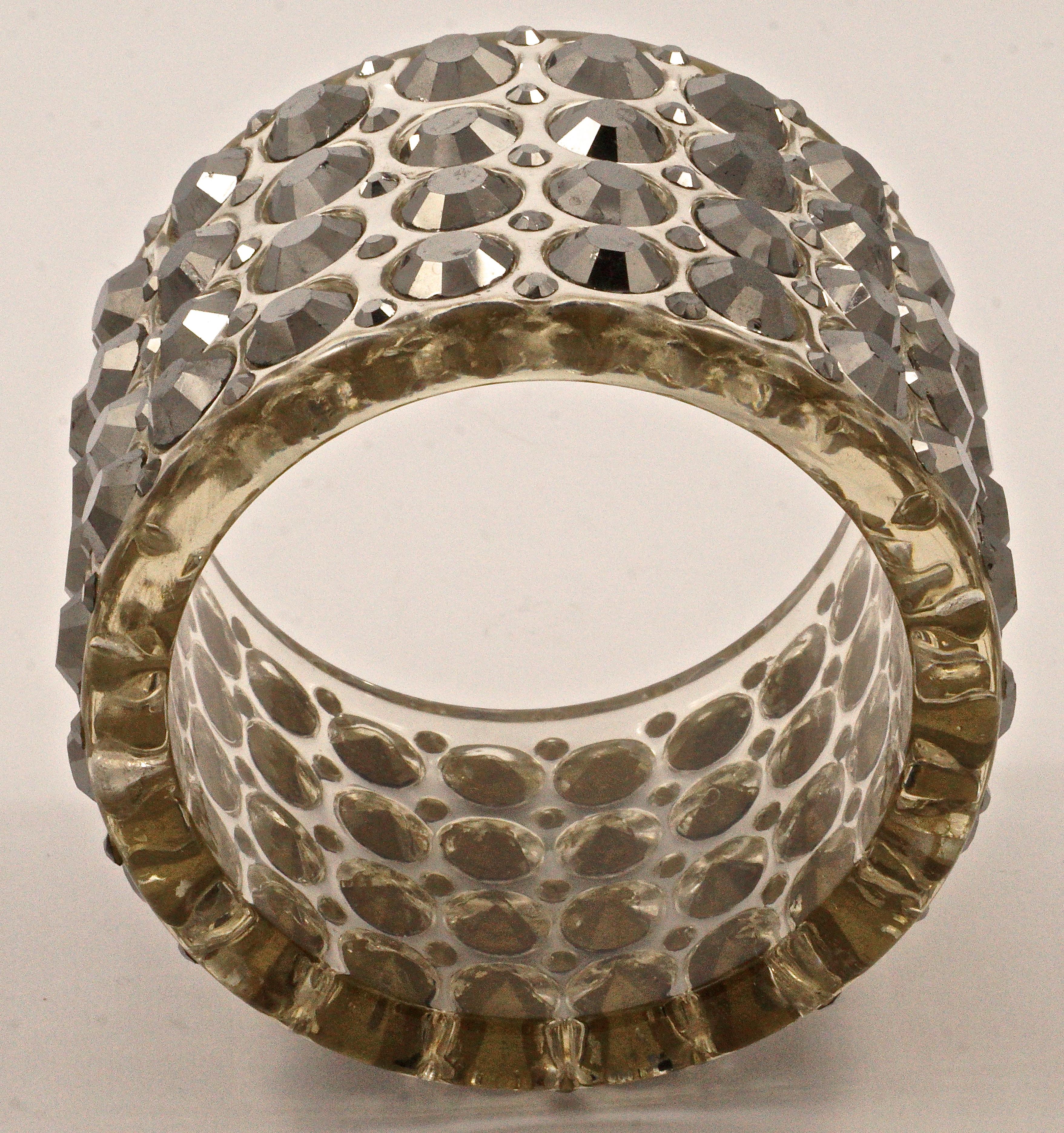 Women's or Men's Clear Lucite Acrylic and Silvery Grey Rhinestone Statement Bangle circa 1970s
