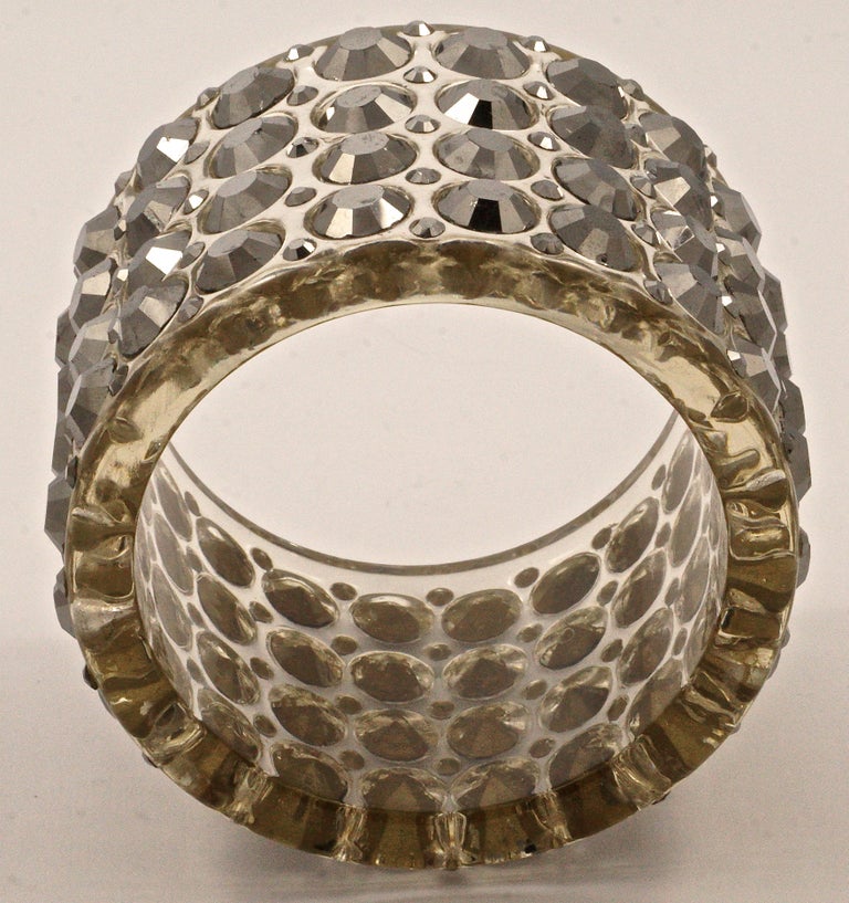 Clear Lucite Acrylic and Silvery Grey Rhinestone Statement Bangle circa ...