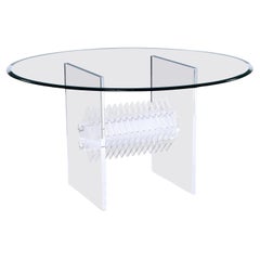 Clear Lucite Acrylic Pedestal Dining Table with Round Glass and Prism Center