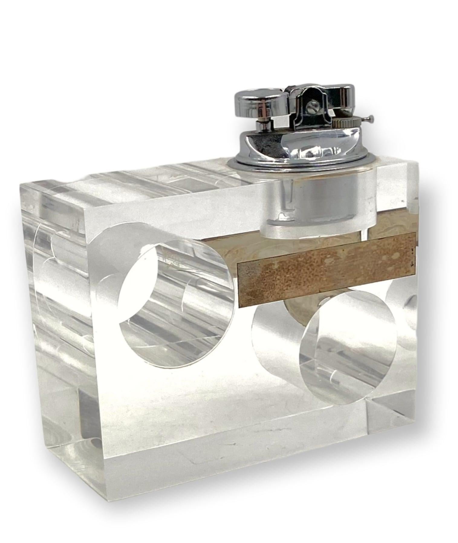 Late 20th Century Clear Lucite and Brass Cubist Table Lighter, Italy, 1970s