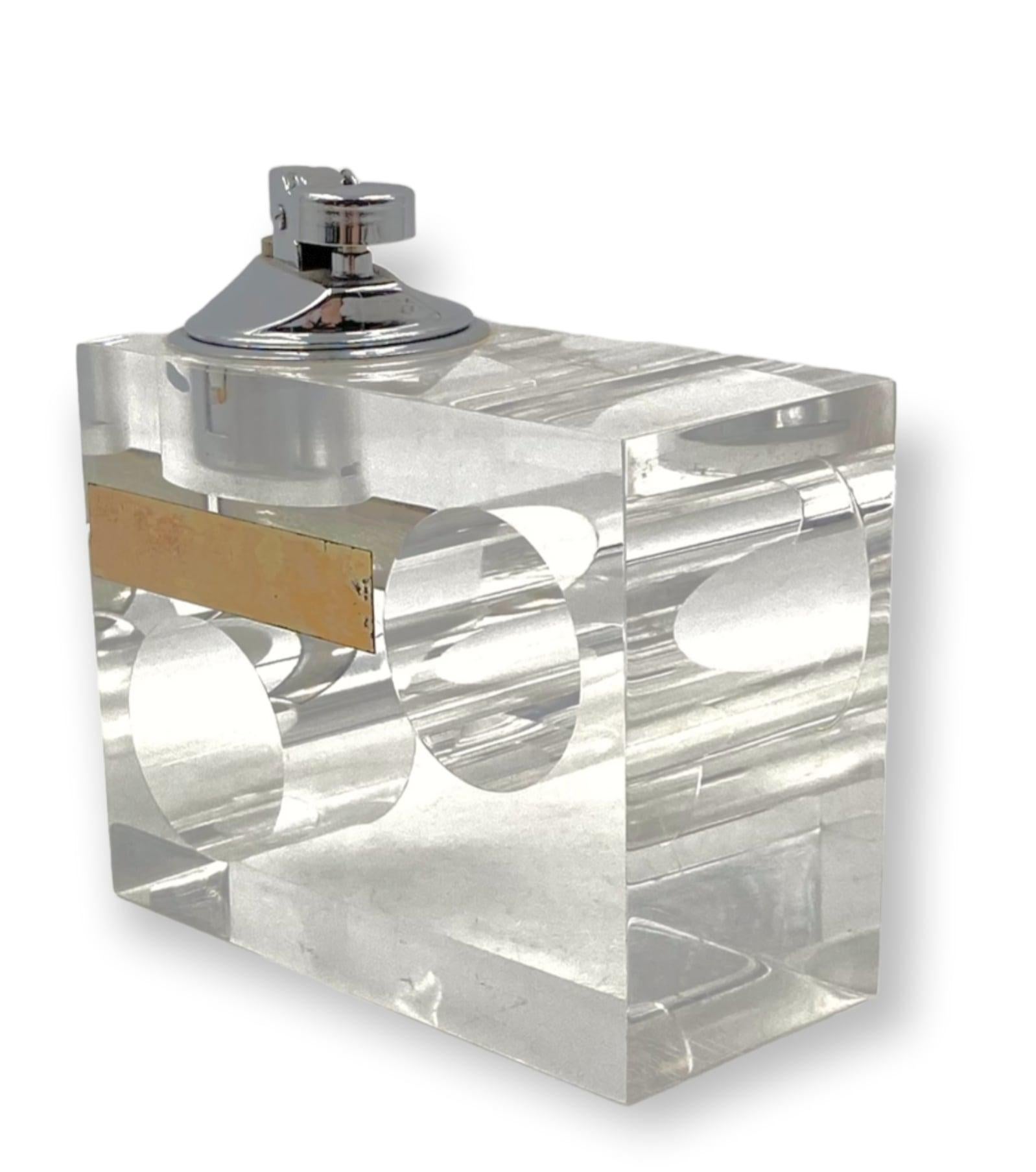 Clear Lucite and Brass Cubist Table Lighter, Italy, 1970s 1