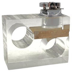 Clear Lucite and Brass Cubist Table Lighter, Italy, 1970s