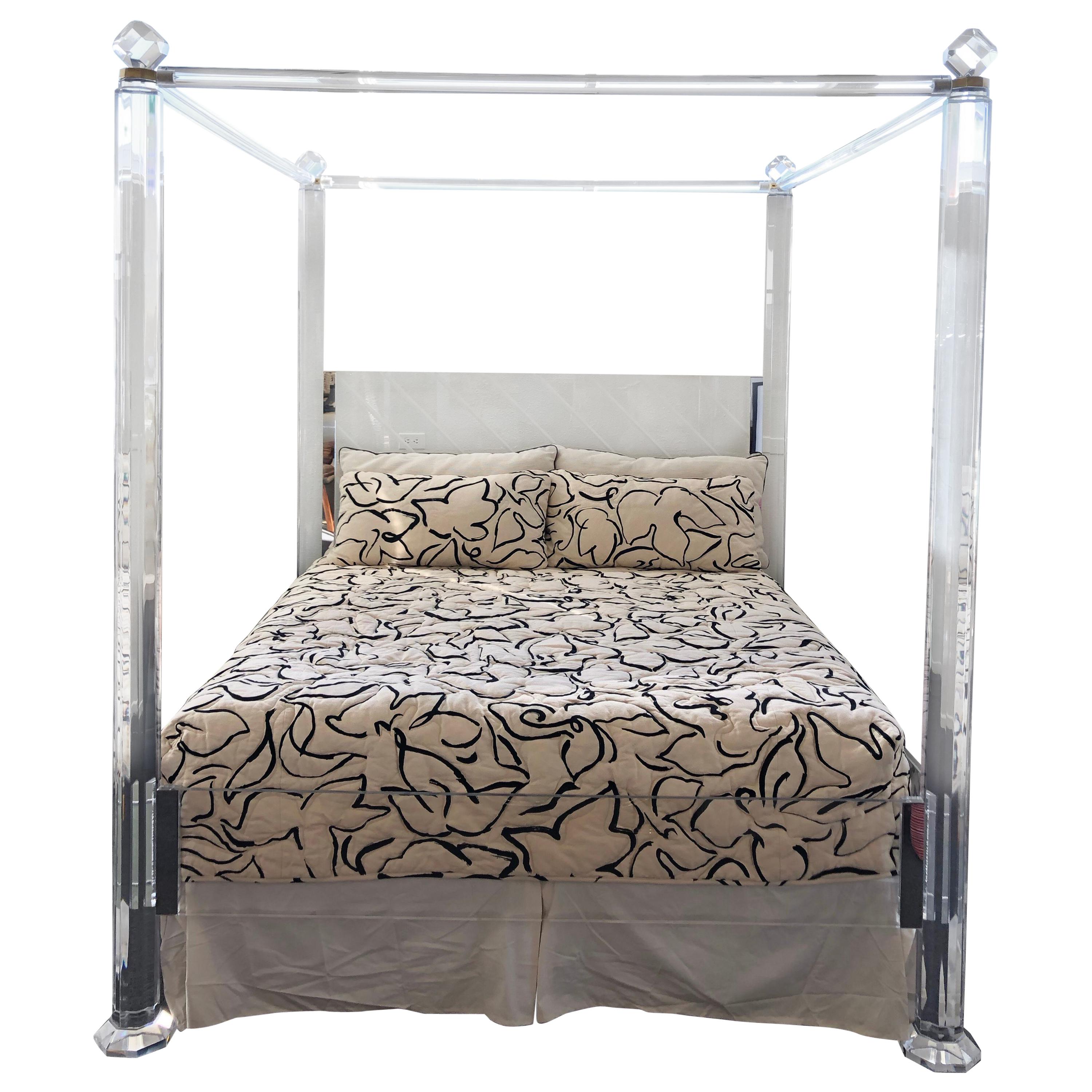 Clear Lucite and Brass King Size Canopy Bed