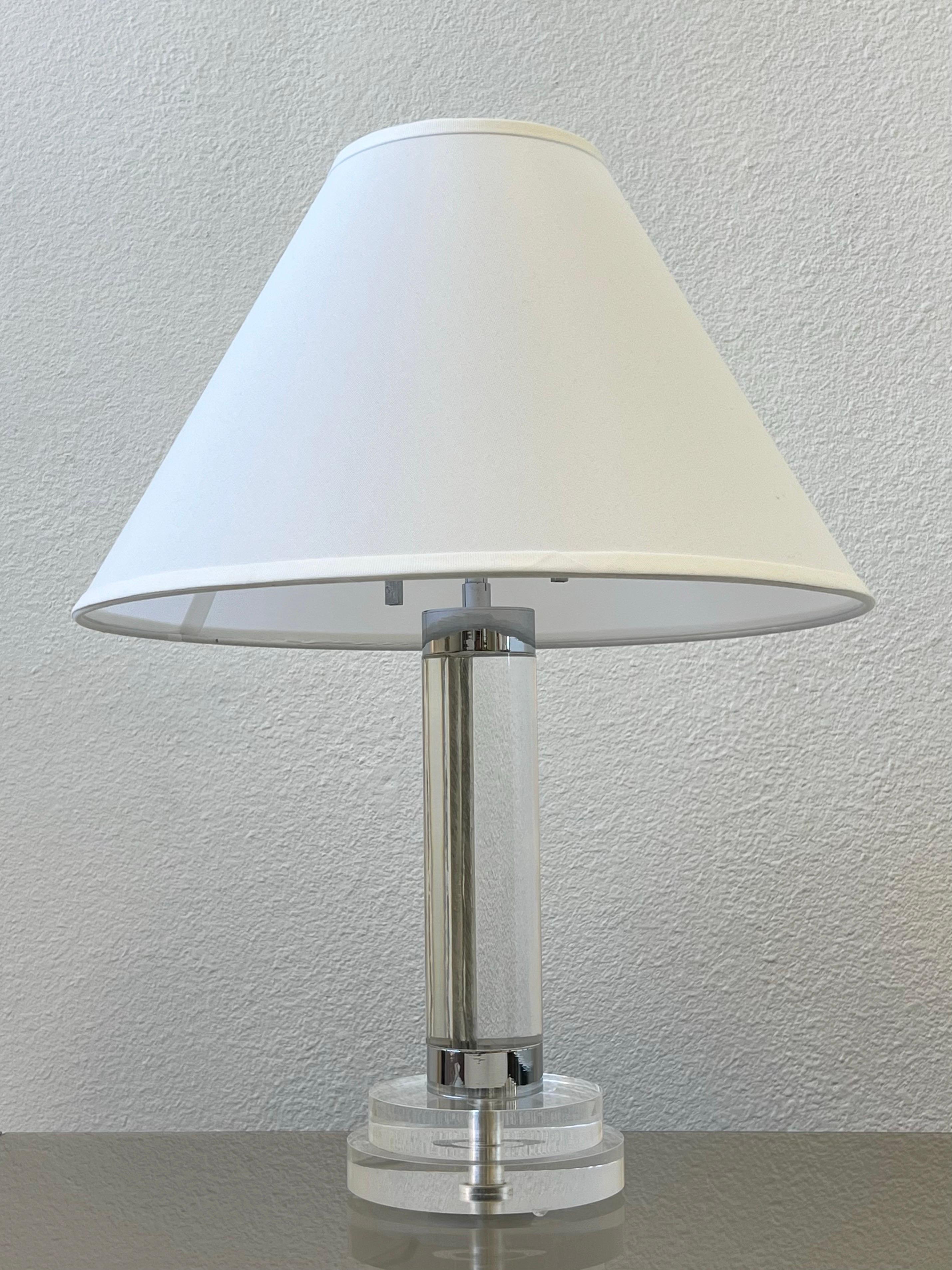 American Clear Lucite and Chrome Table Lamp by Karl Springer For Sale