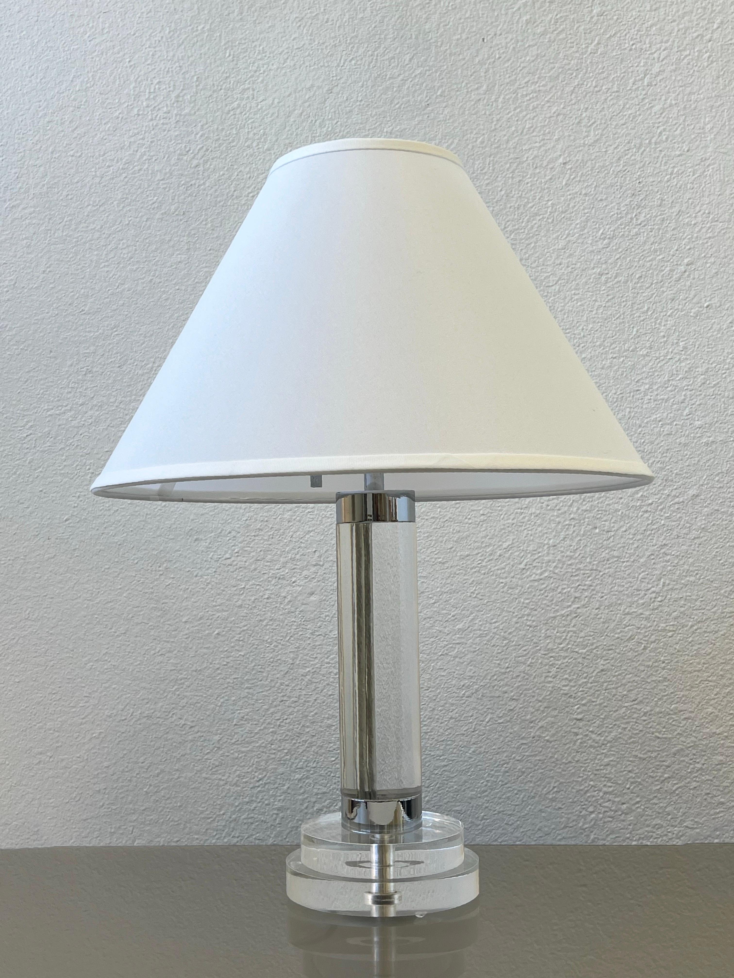 Polished Clear Lucite and Chrome Table Lamp by Karl Springer For Sale