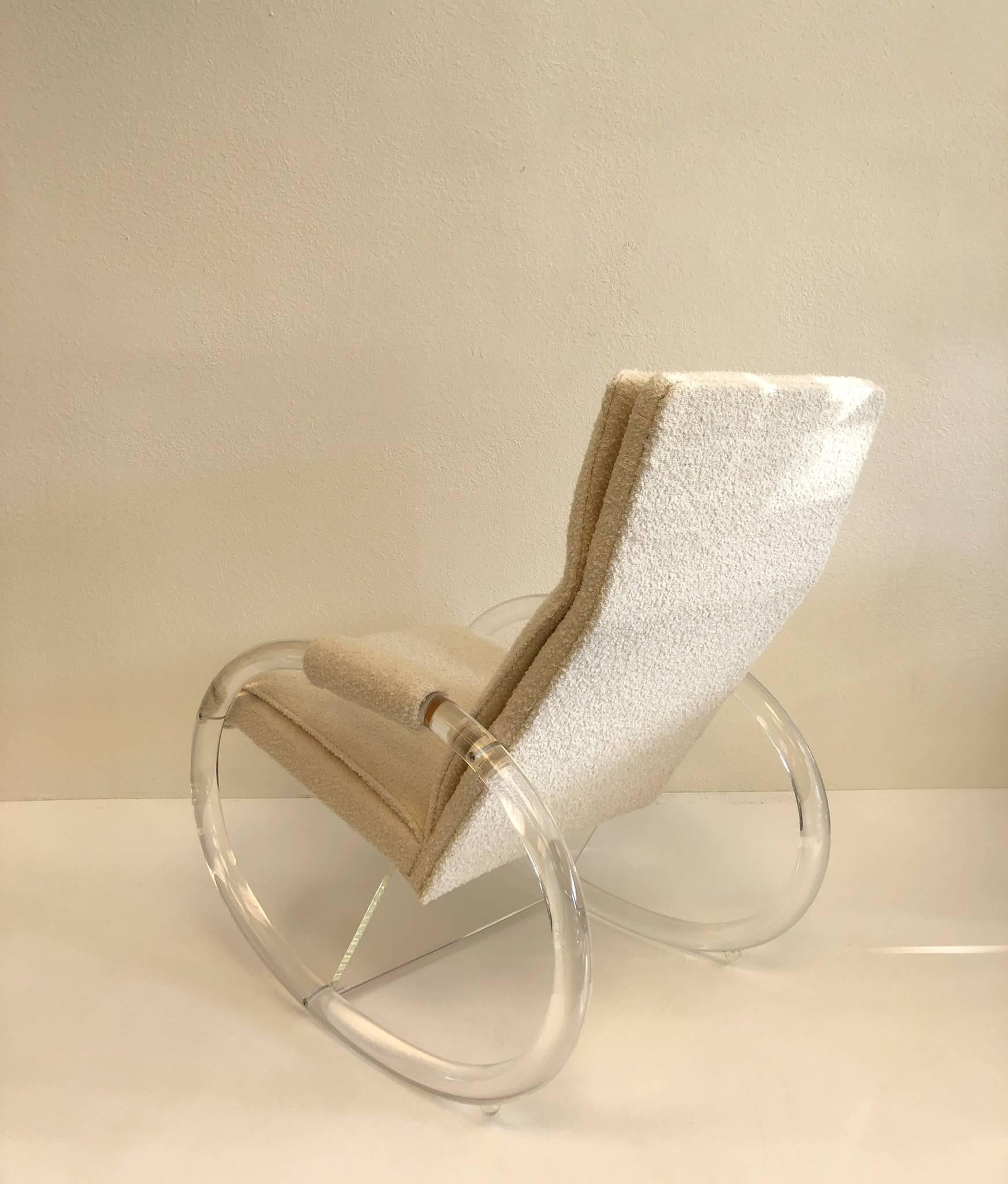 Polished Clear Lucite and Fabric Rocker by Charles Hollis Jones