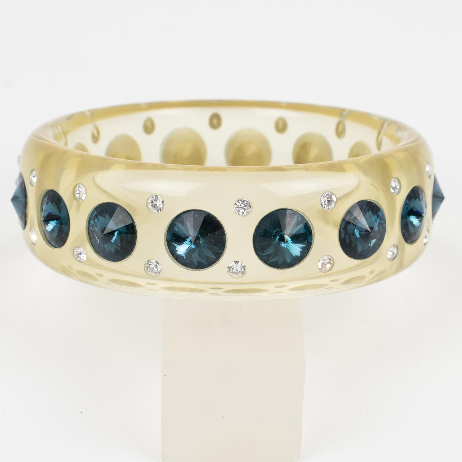 Modern Clear Lucite Bracelet Bangle with Denim Blue Crystal Rhinestones For Sale
