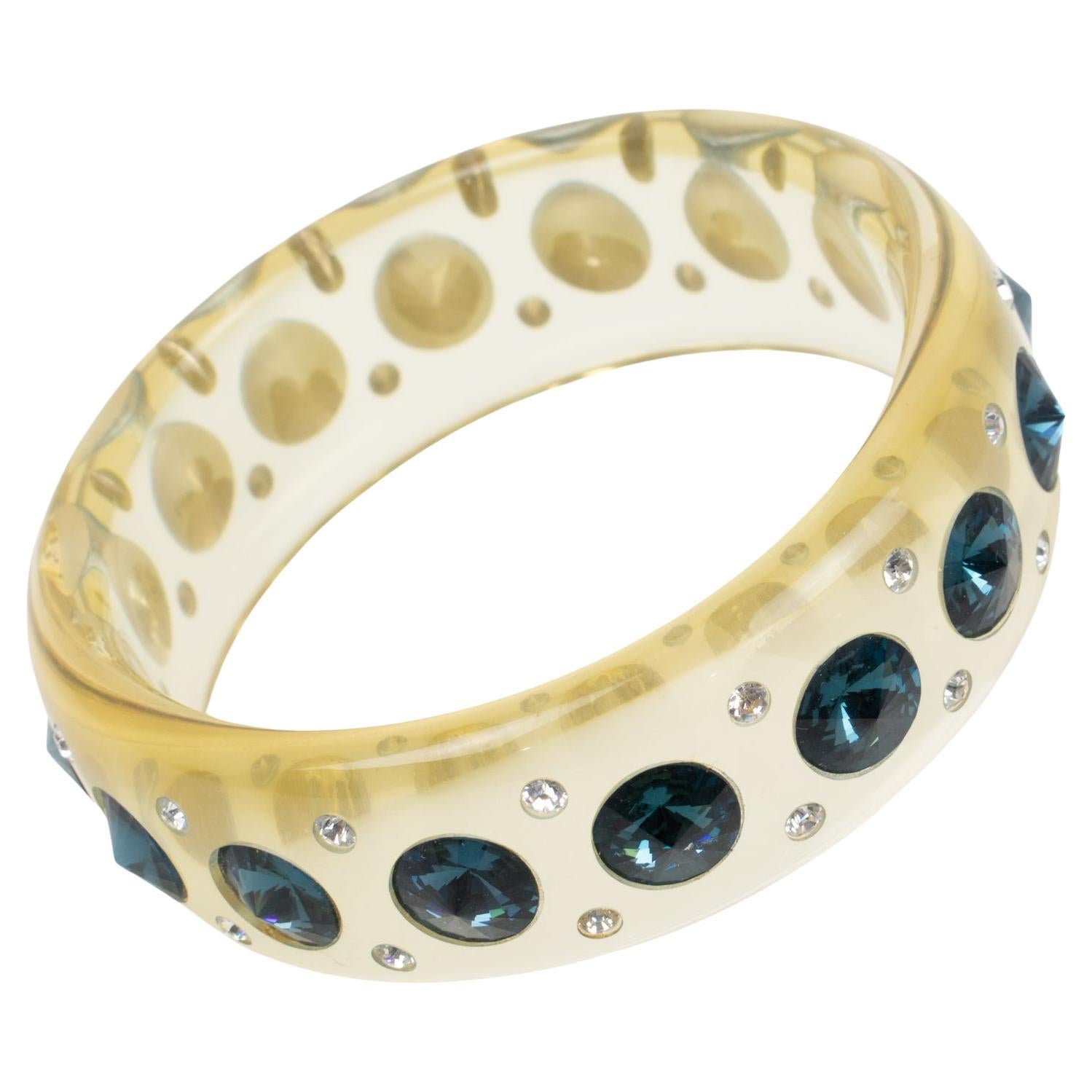 Clear Lucite Bracelet Bangle with Denim Blue Crystal Rhinestones For Sale