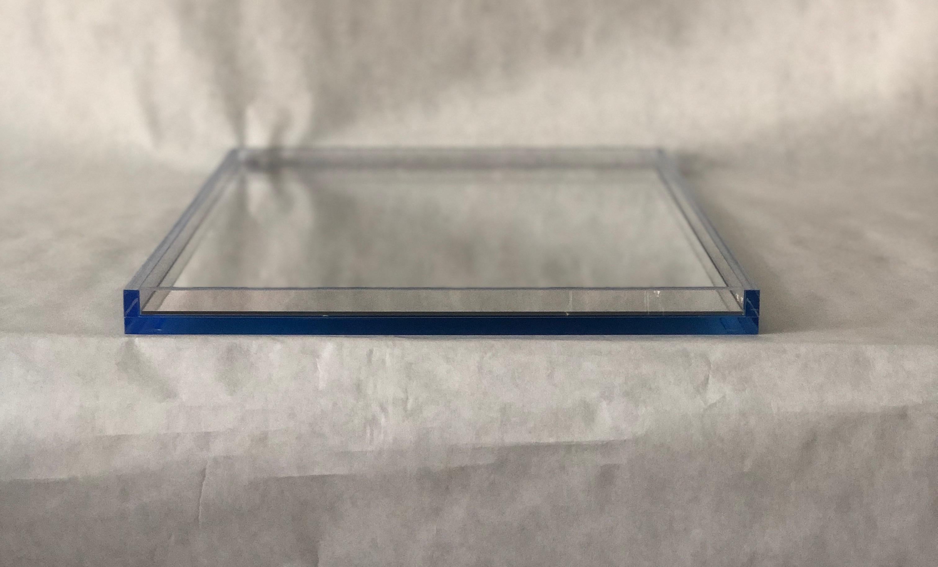 Clear Lucite with Imbedded Blue Border and Mirror Base Decorative Serving Tray 2