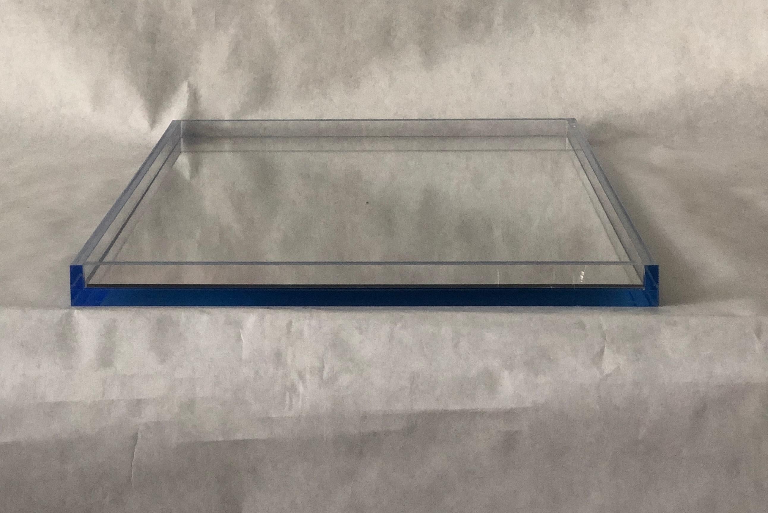 Clear Lucite with Imbedded Blue Border and Mirror Base Decorative Serving Tray 3