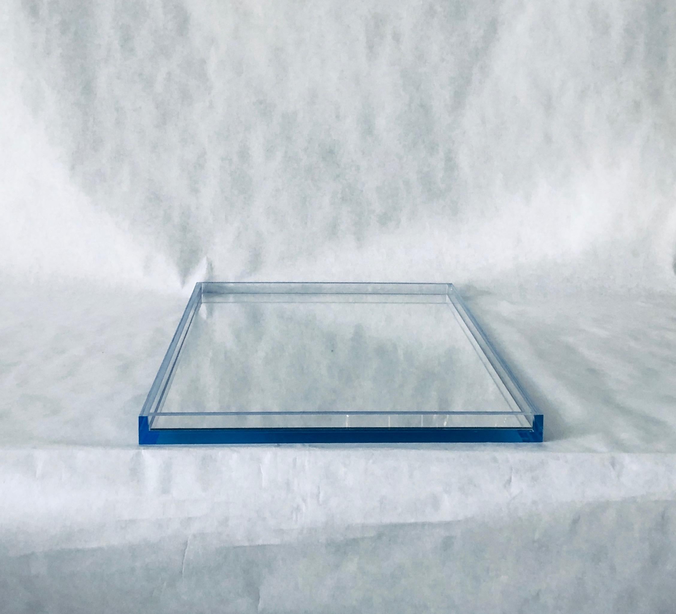 Clear Lucite with Imbedded Blue Border and Mirror Base Decorative Serving Tray 4