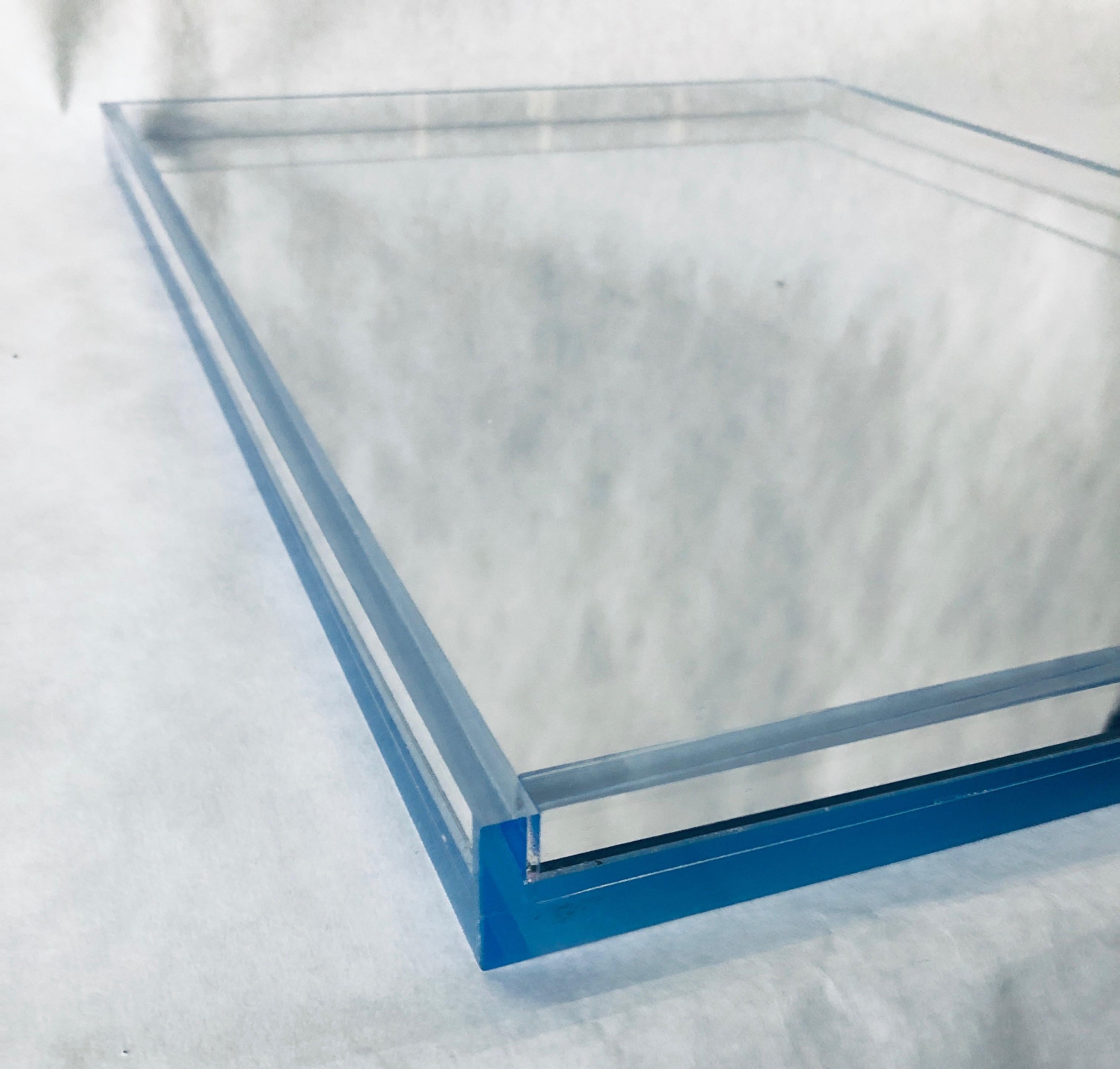 Clear Lucite with Imbedded Blue Border and Mirror Base Decorative Serving Tray 7