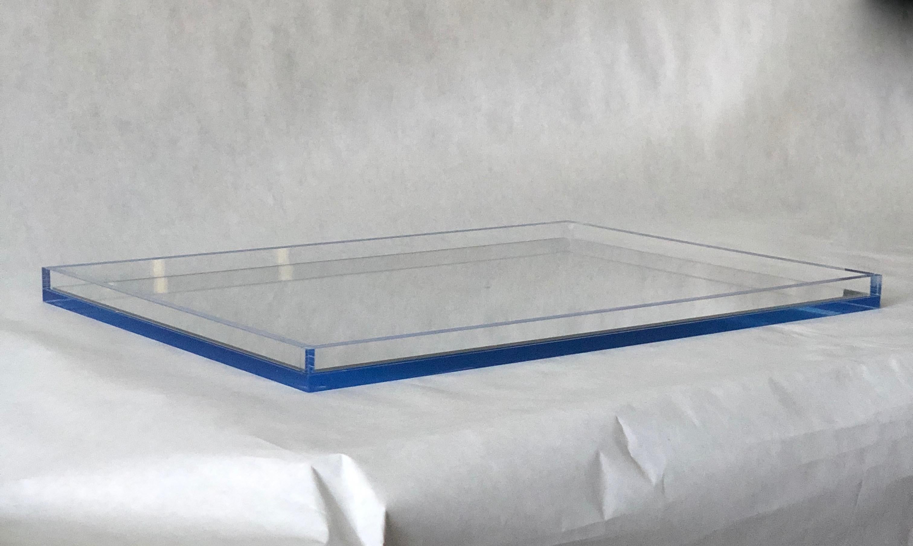 Clear Lucite with Imbedded Blue Border and Mirror Base Decorative Serving Tray 9