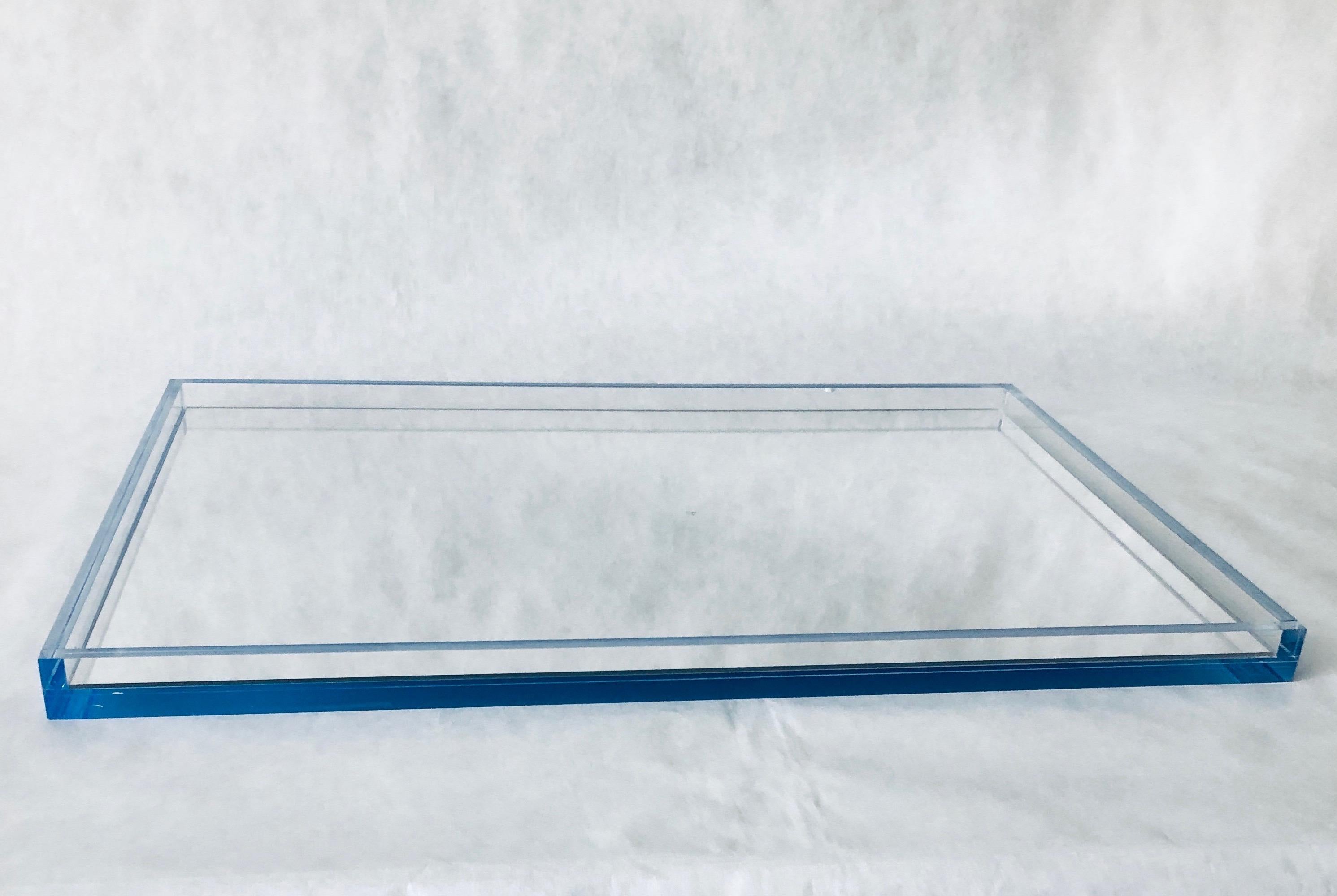 Clear Lucite with Imbedded Blue Border and Mirror Base Decorative Serving Tray 10