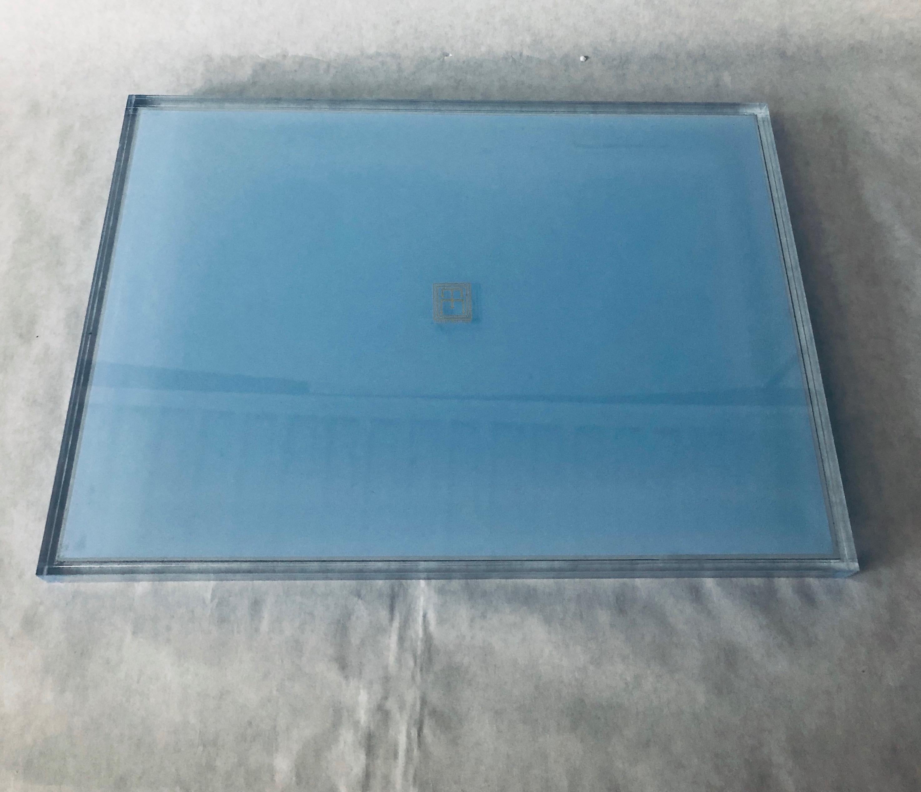 Clear Lucite with Imbedded Blue Border and Mirror Base Decorative Serving Tray 11