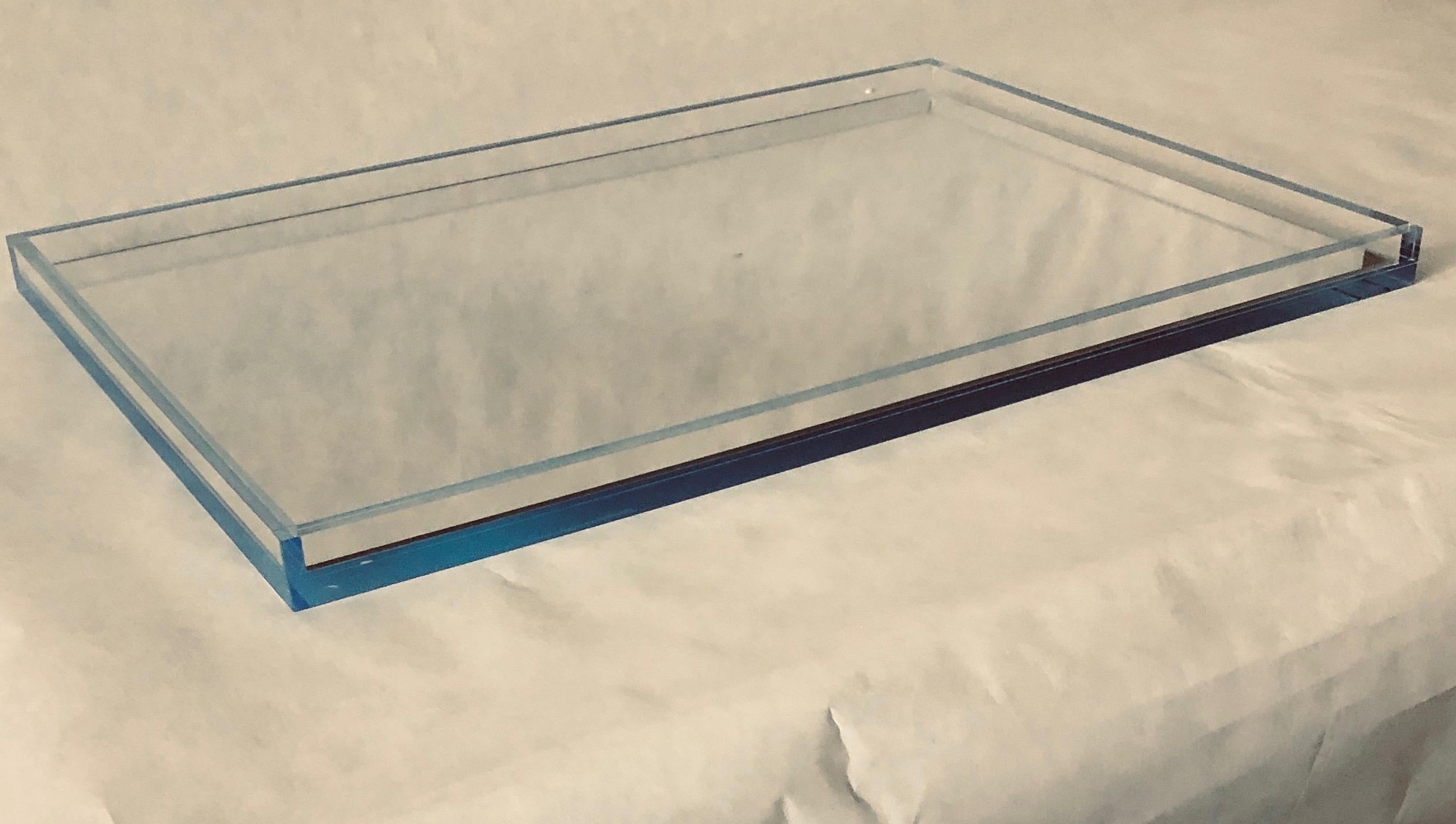 Post-Modern Clear Lucite with Imbedded Blue Border and Mirror Base Decorative Serving Tray