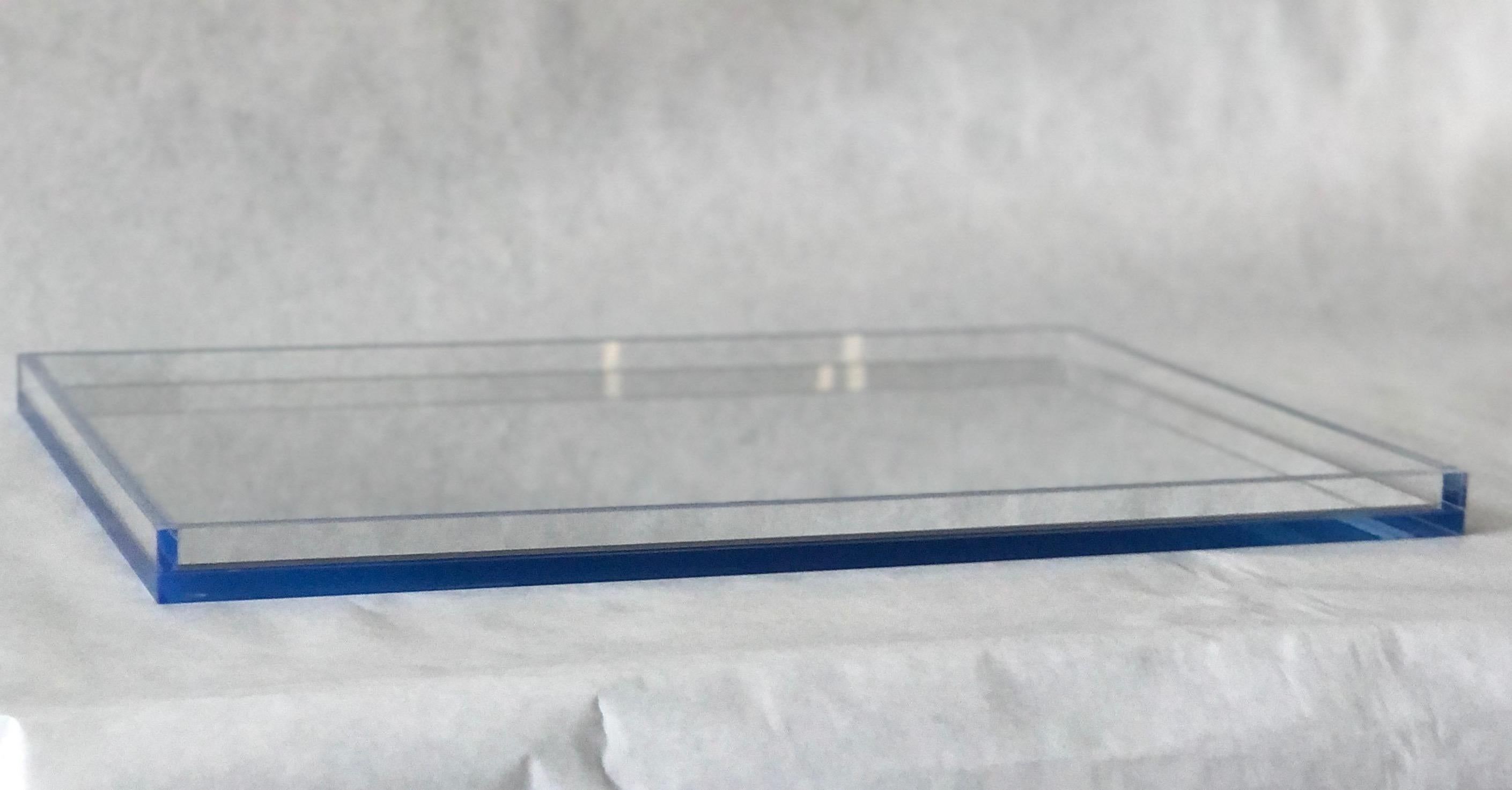 American Clear Lucite with Imbedded Blue Border and Mirror Base Decorative Serving Tray