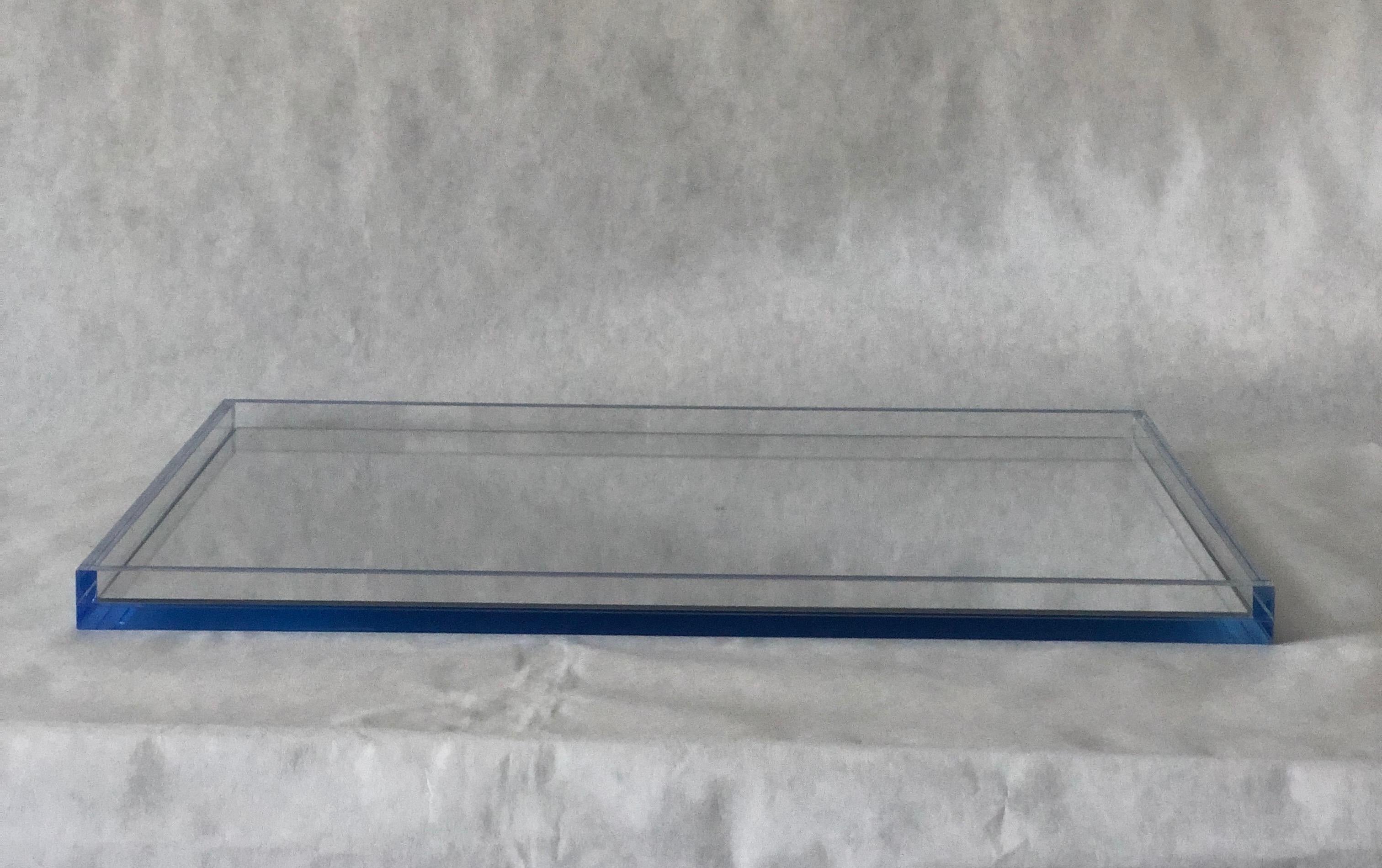 Clear Lucite with Imbedded Blue Border and Mirror Base Decorative Serving Tray In Good Condition In Houston, TX