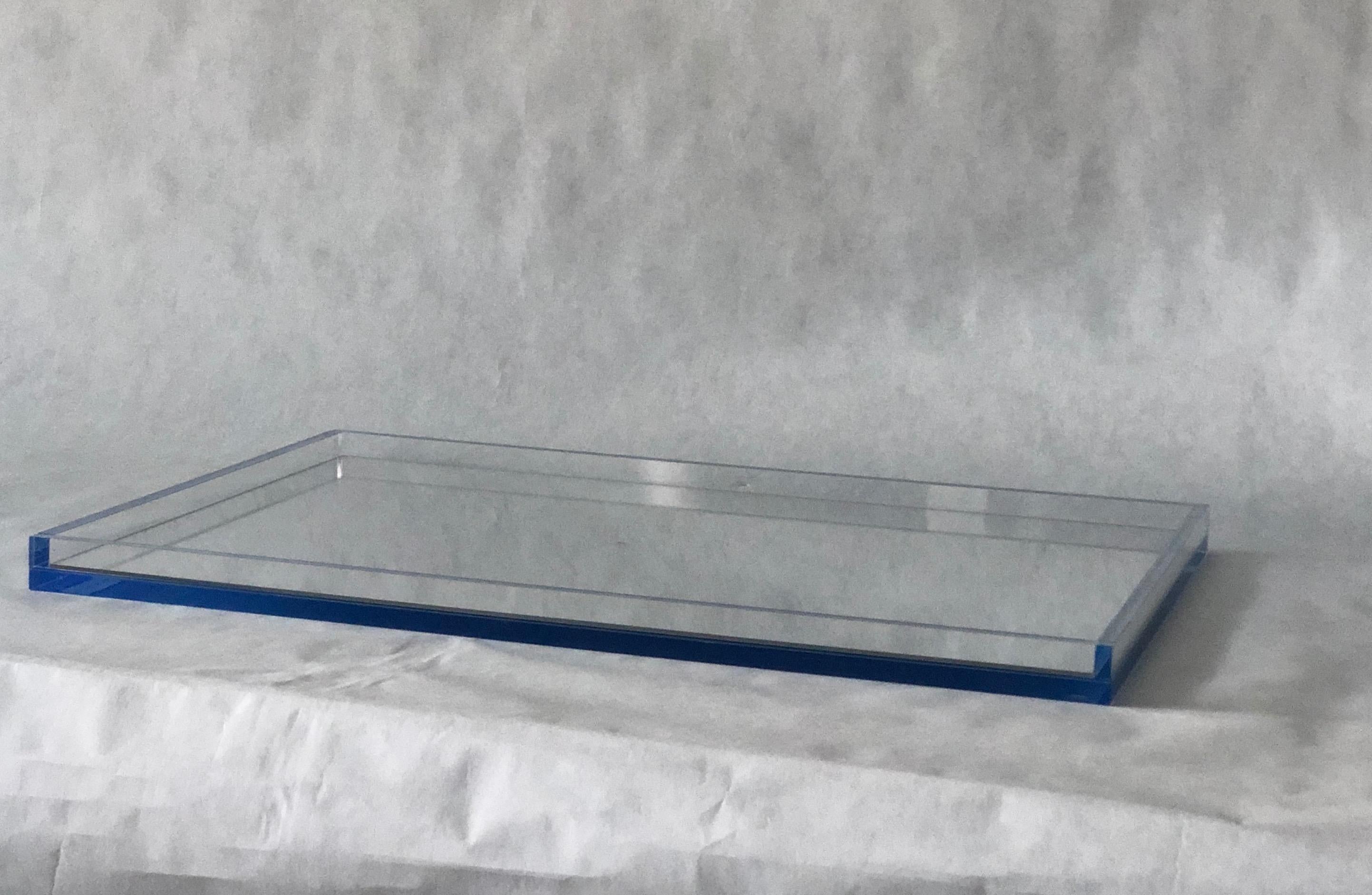 Contemporary Clear Lucite with Imbedded Blue Border and Mirror Base Decorative Serving Tray