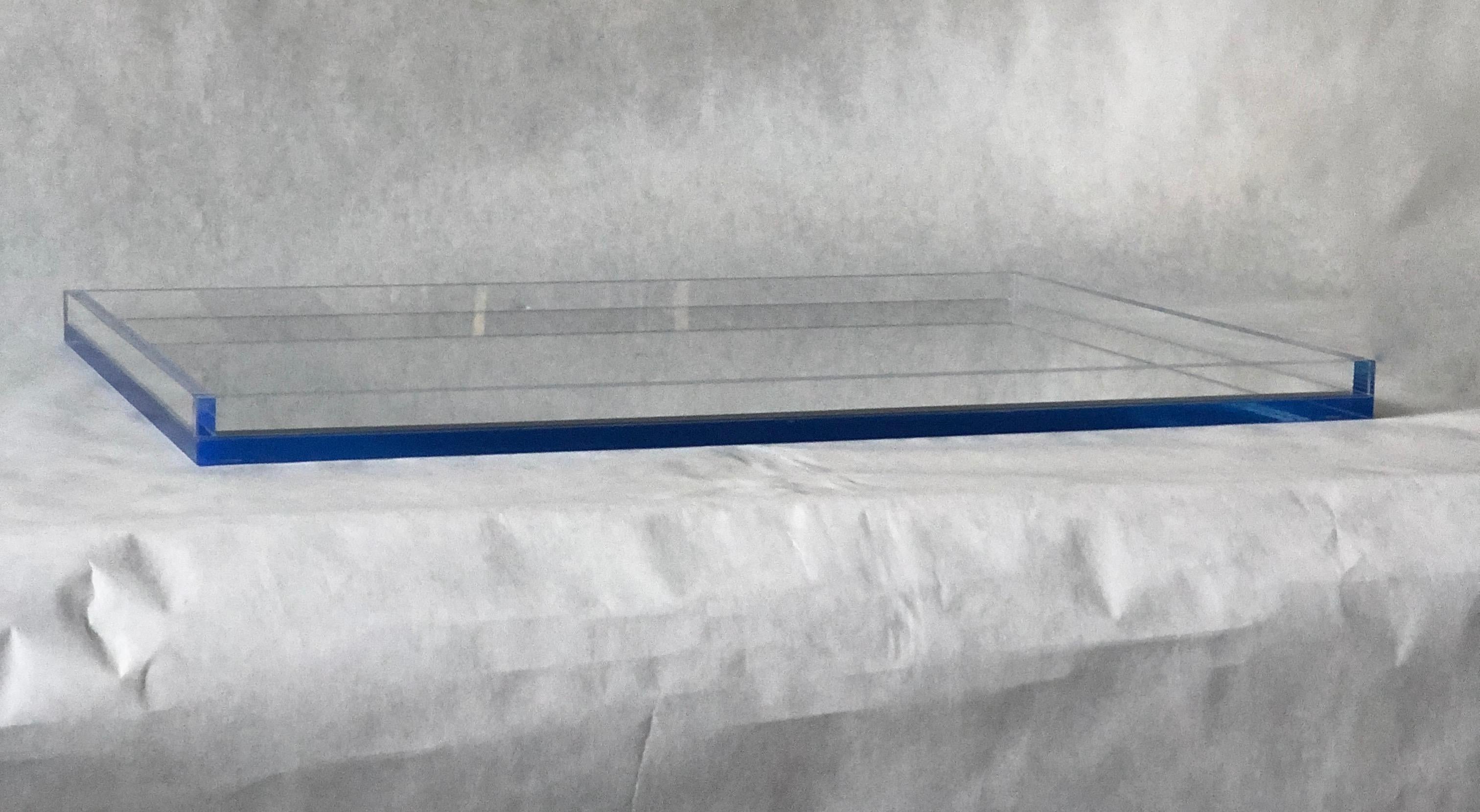 Clear Lucite with Imbedded Blue Border and Mirror Base Decorative Serving Tray 1