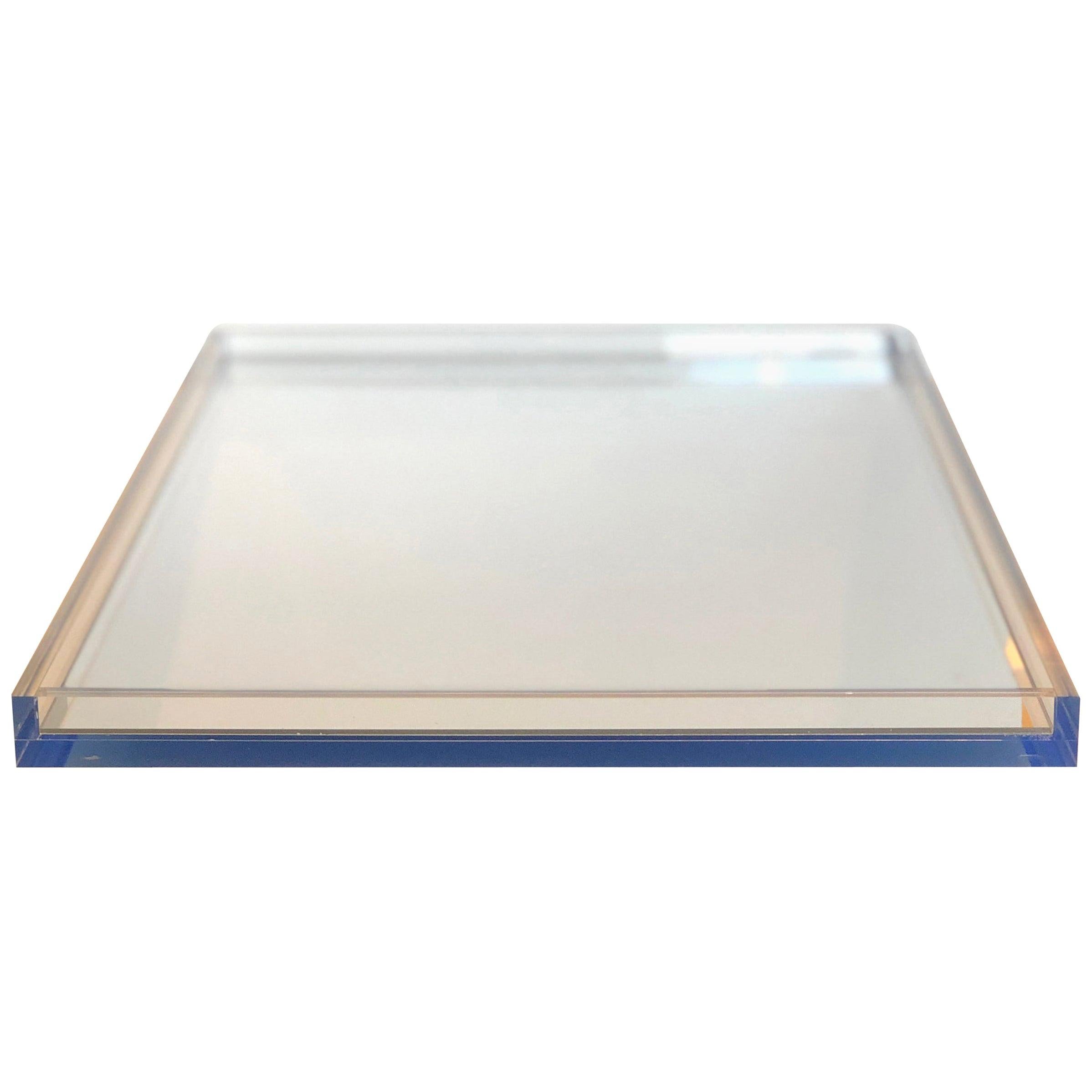 Clear Lucite with Imbedded Blue Border and Mirror Base Decorative Serving Tray
