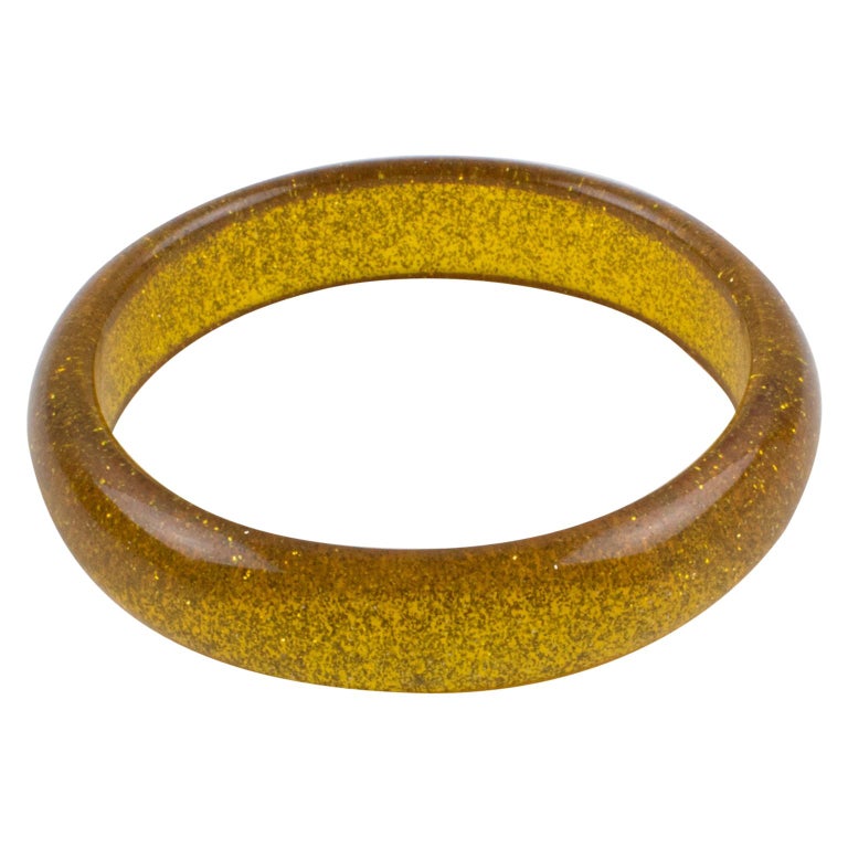 Clear Marigold Lucite Bracelet Bangle Gold Metallic Confetti Inclusions For Sale