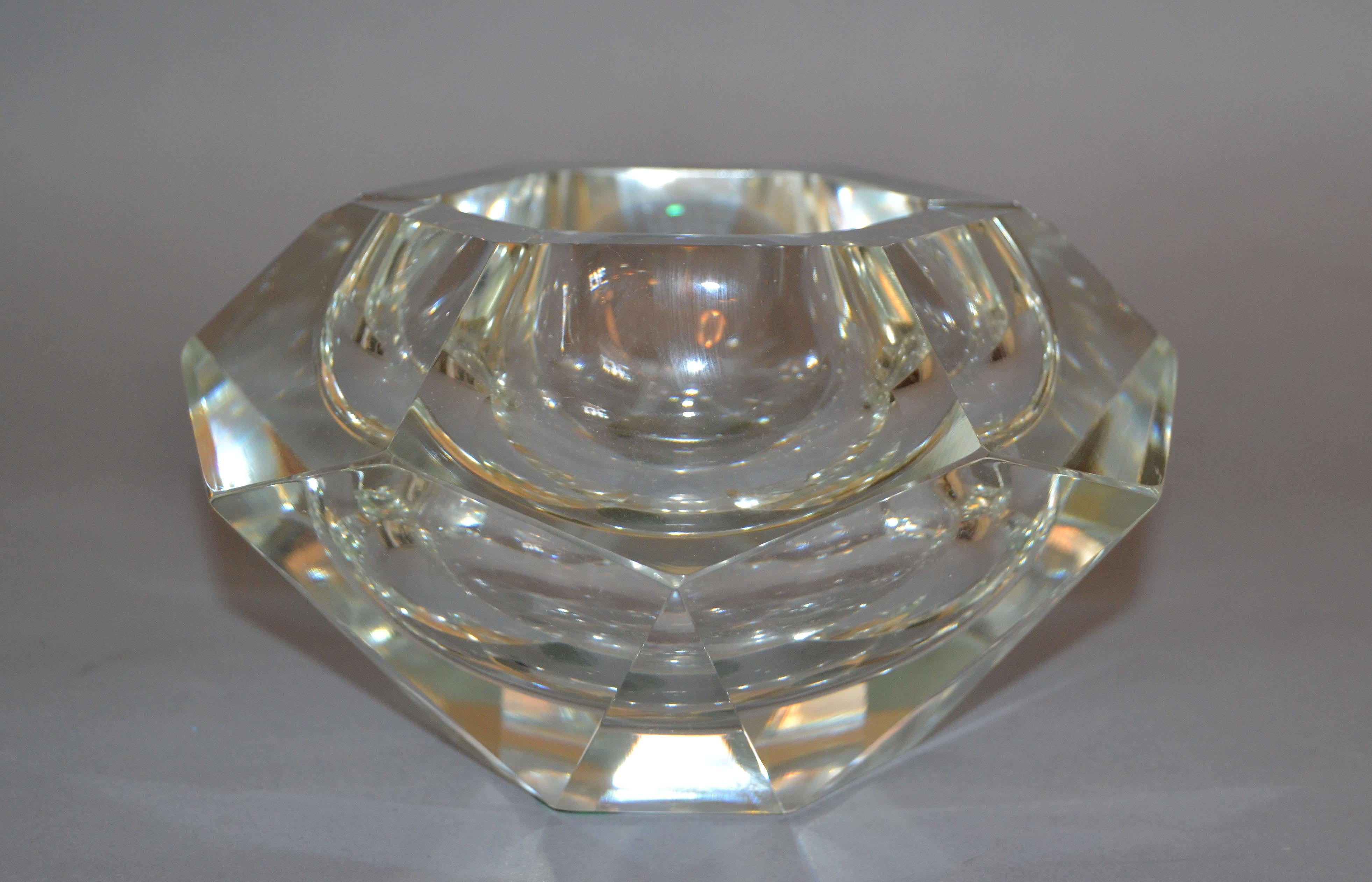 Multi faceted transparent Sommerso Murano glass ashtray, glass bowl, catchall attributed to Flavio Poli.
Clear glass and a highly decorative twelve faced geometric design.
 
 