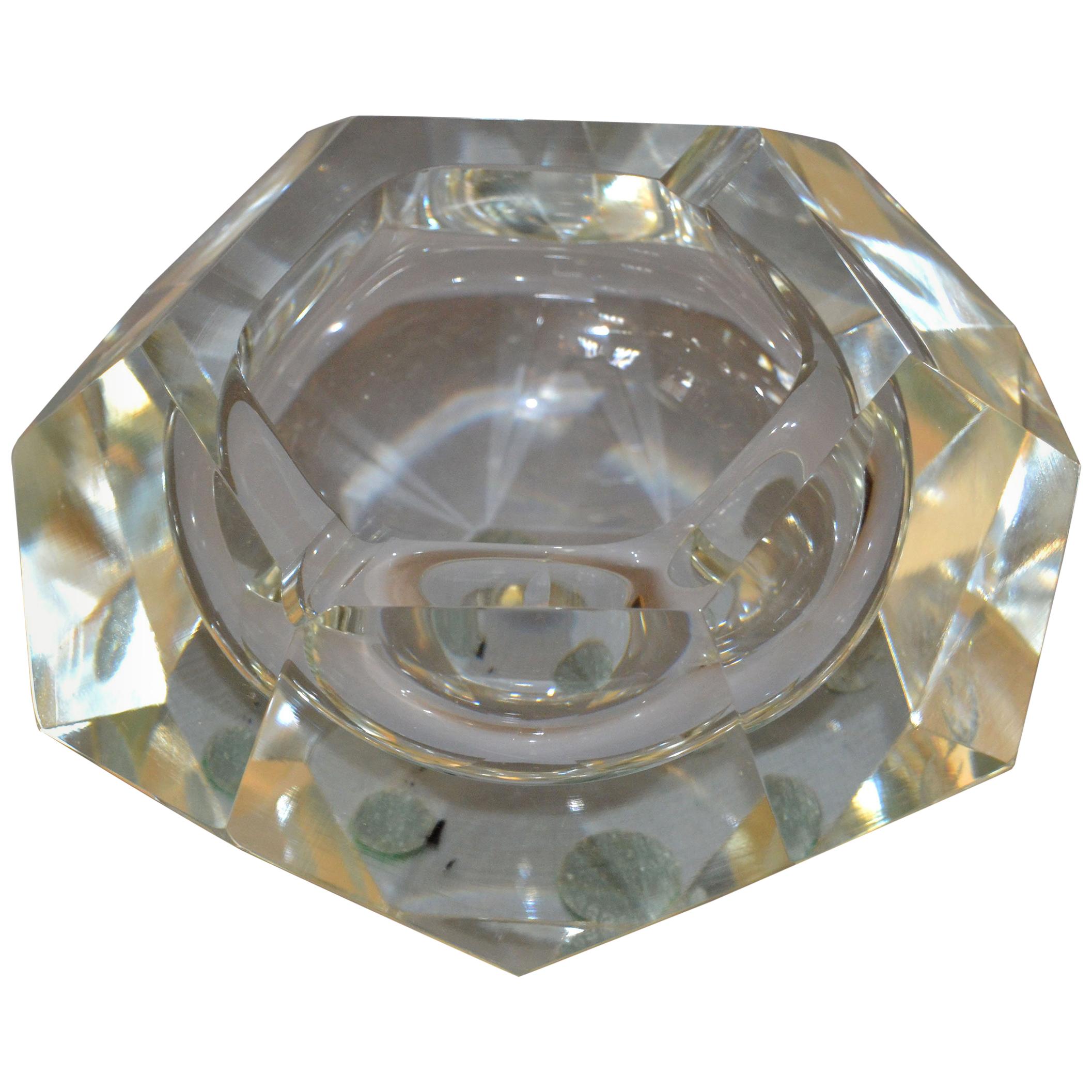 Clear Multi Faceted Murano Glass Ashtray, Bowl Attributed to Flavio Poli, Italy