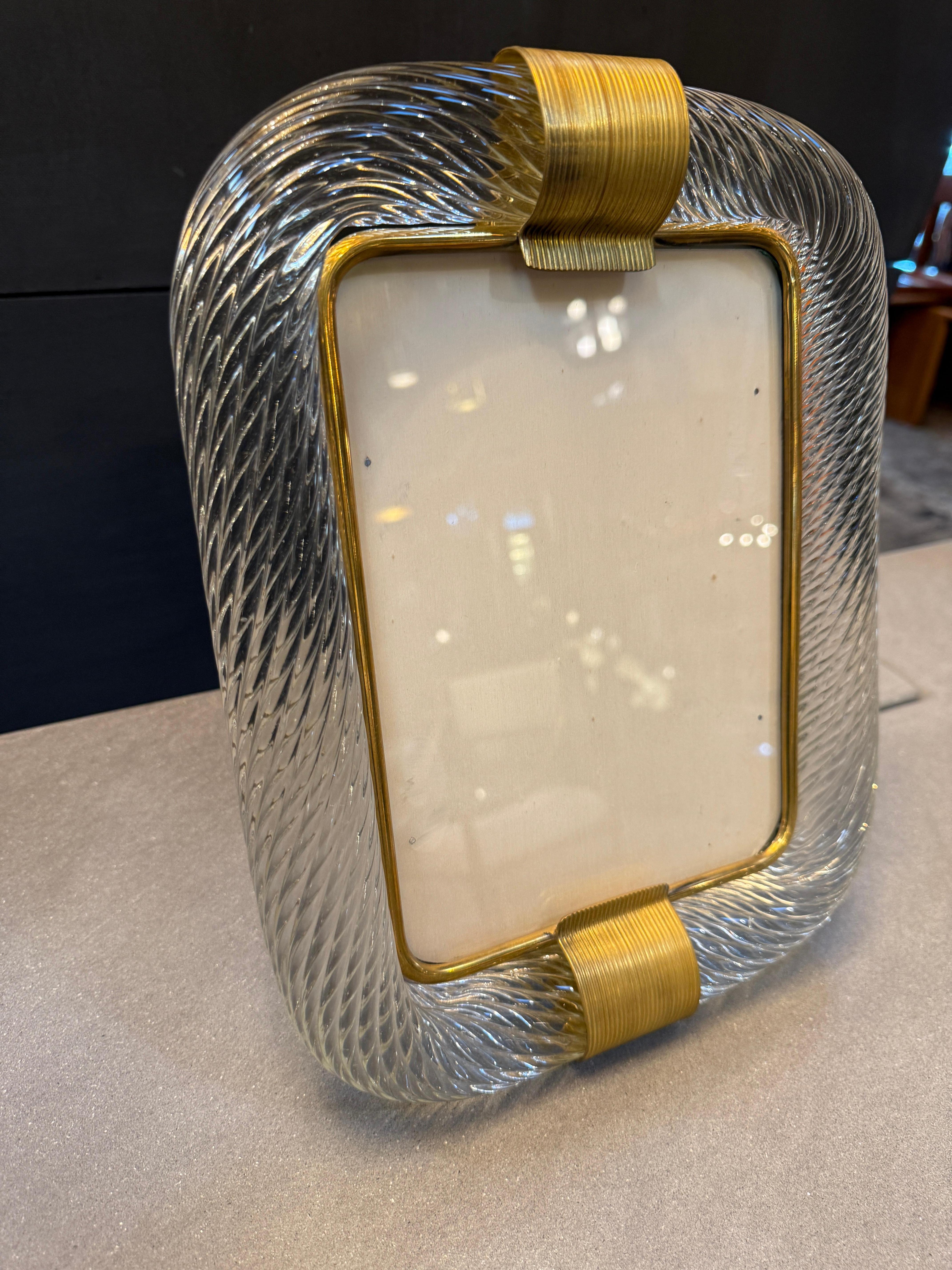 Modern Clear Murano Glass and Brass Picture Frame For Sale