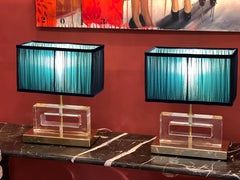 Clear Murano Glass Blocks Lamps Ice Effect with Our Blue Lampshades, 1970s