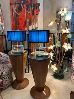 Clear Murano Glass Blocks Lamps with Our Turquoise and Blue Lampshades, 1970s