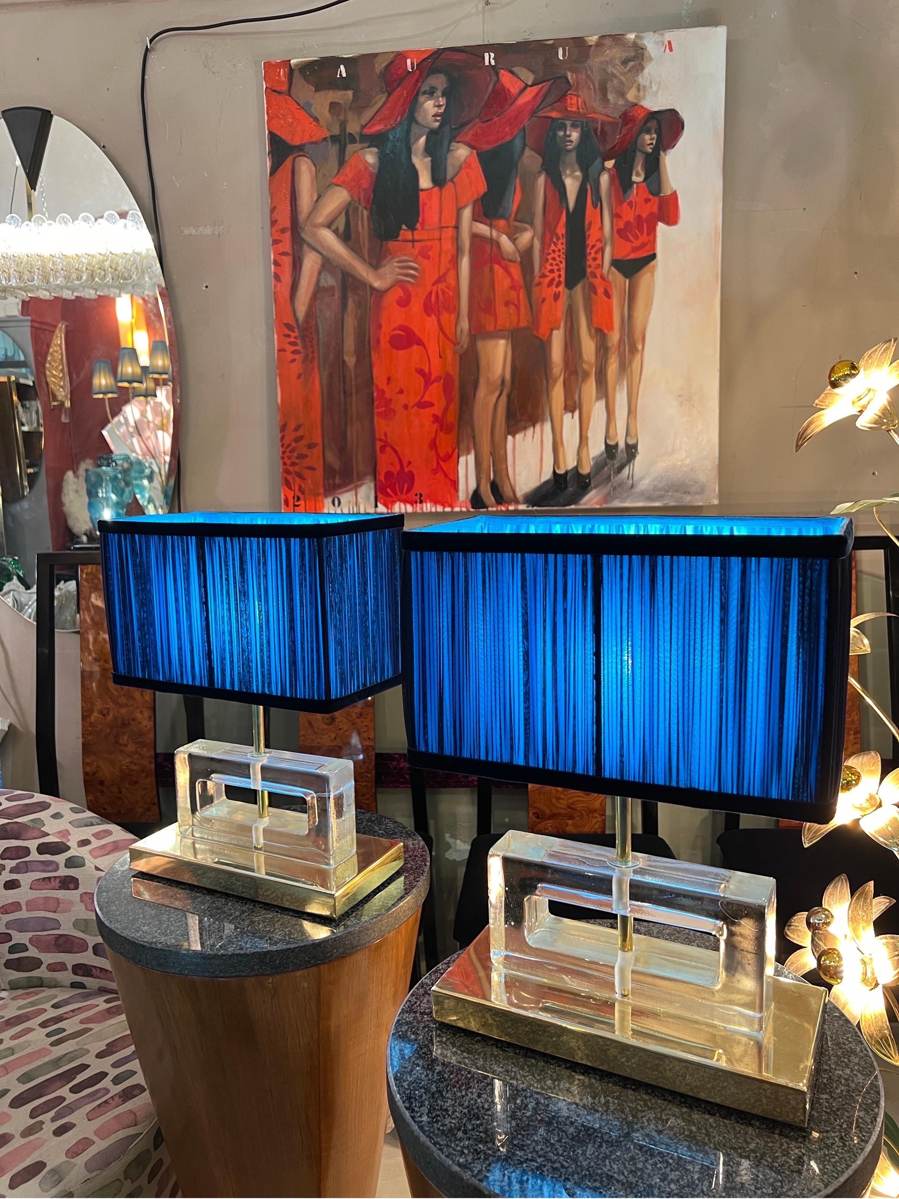 Modern Clear Murano Glass Blocks Lamps with Our Turquoise and Blue Lampshades, 1970s For Sale