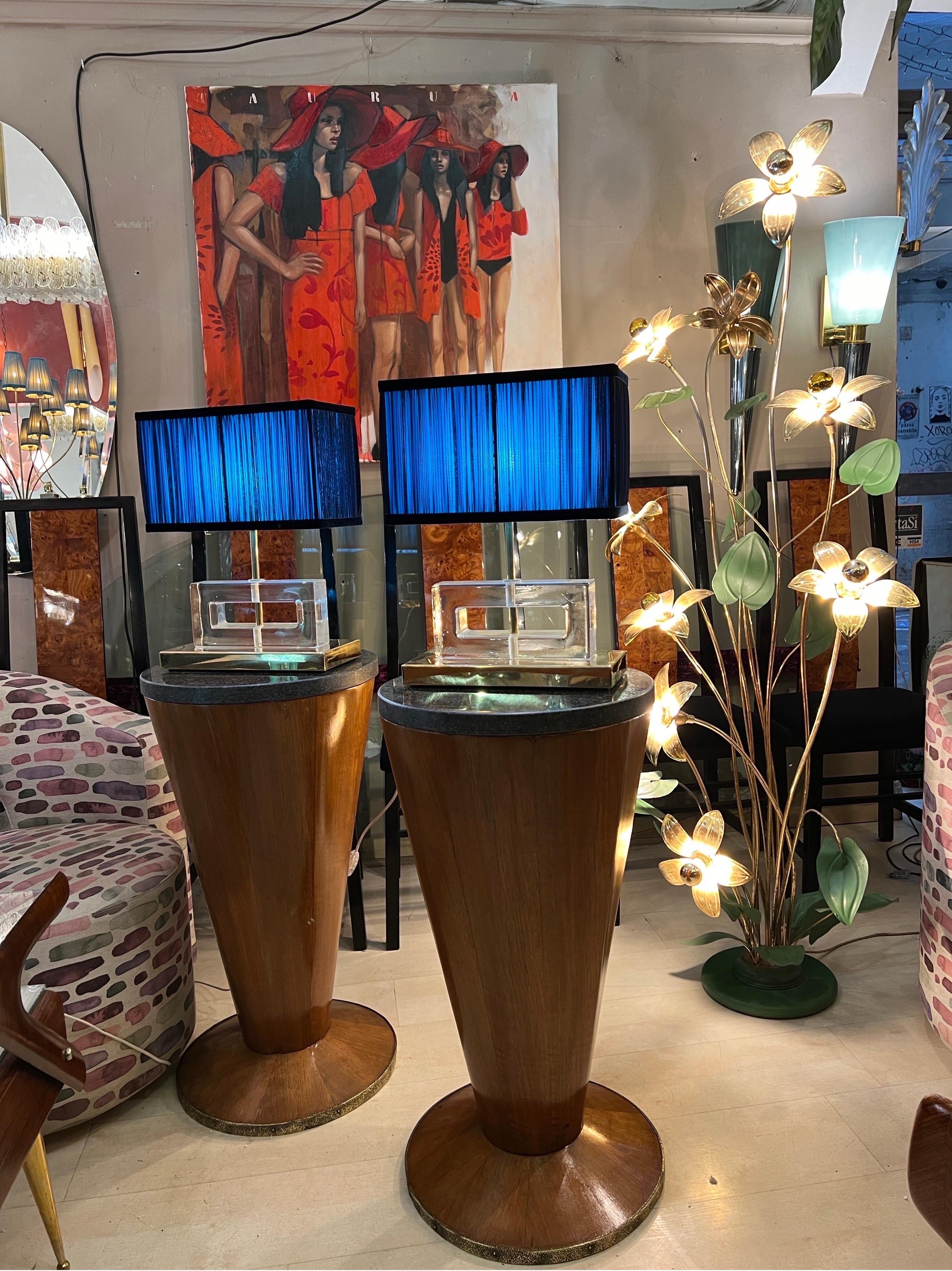 Italian Clear Murano Glass Blocks Lamps with Our Turquoise and Blue Lampshades, 1970s For Sale