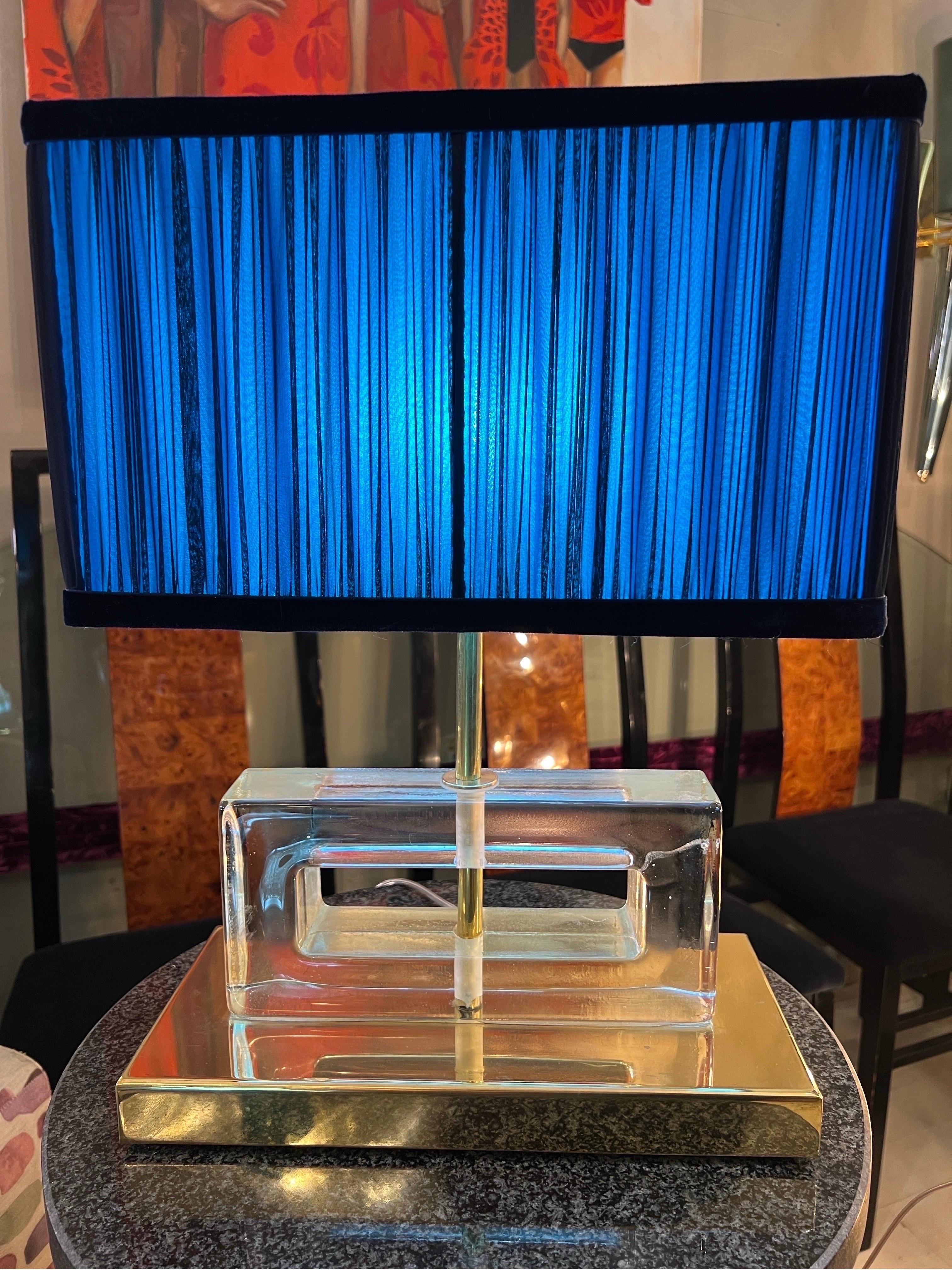 Clear Murano Glass Blocks Lamps with Our Turquoise and Blue Lampshades, 1970s In Excellent Condition For Sale In Florence, IT