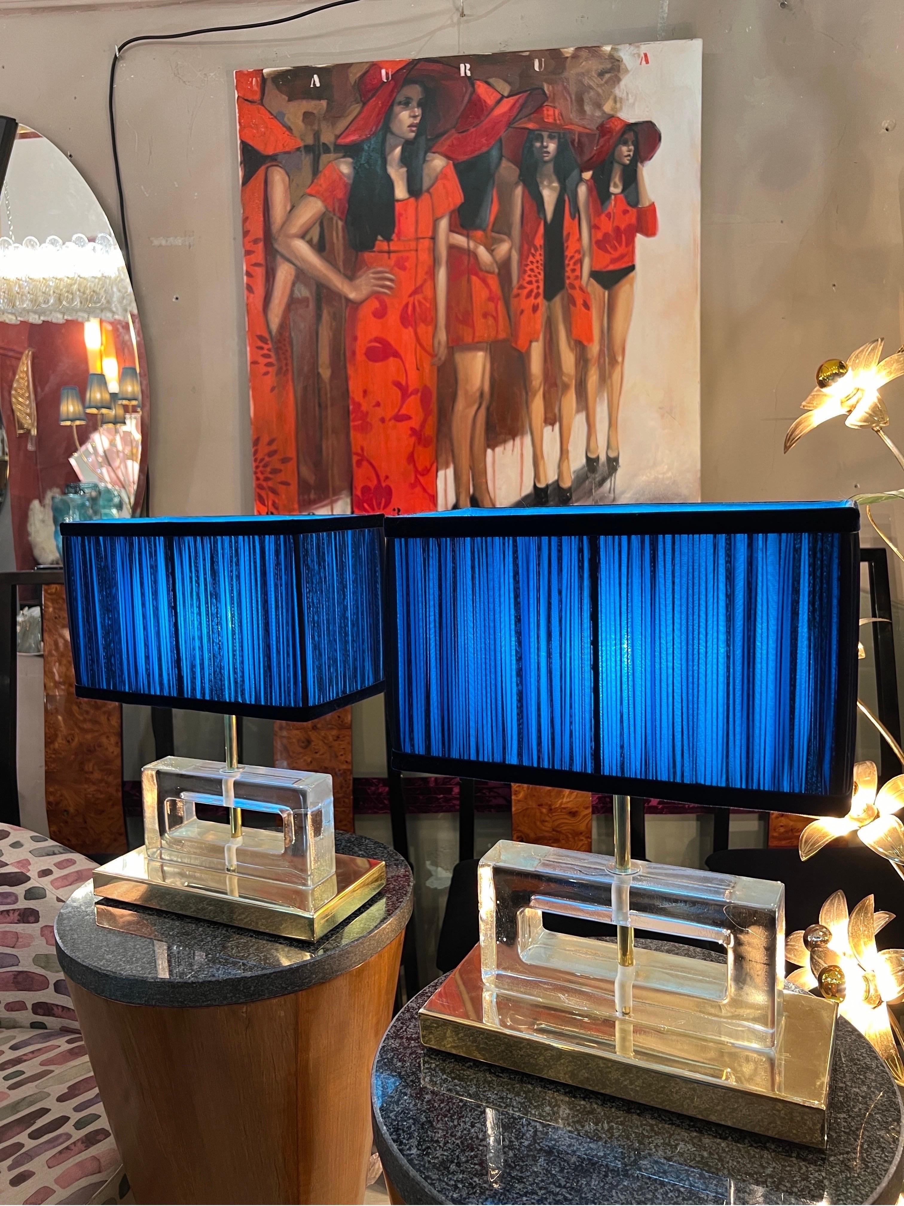 Clear Murano Glass Blocks Lamps with Our Turquoise and Blue Lampshades, 1970s For Sale 1