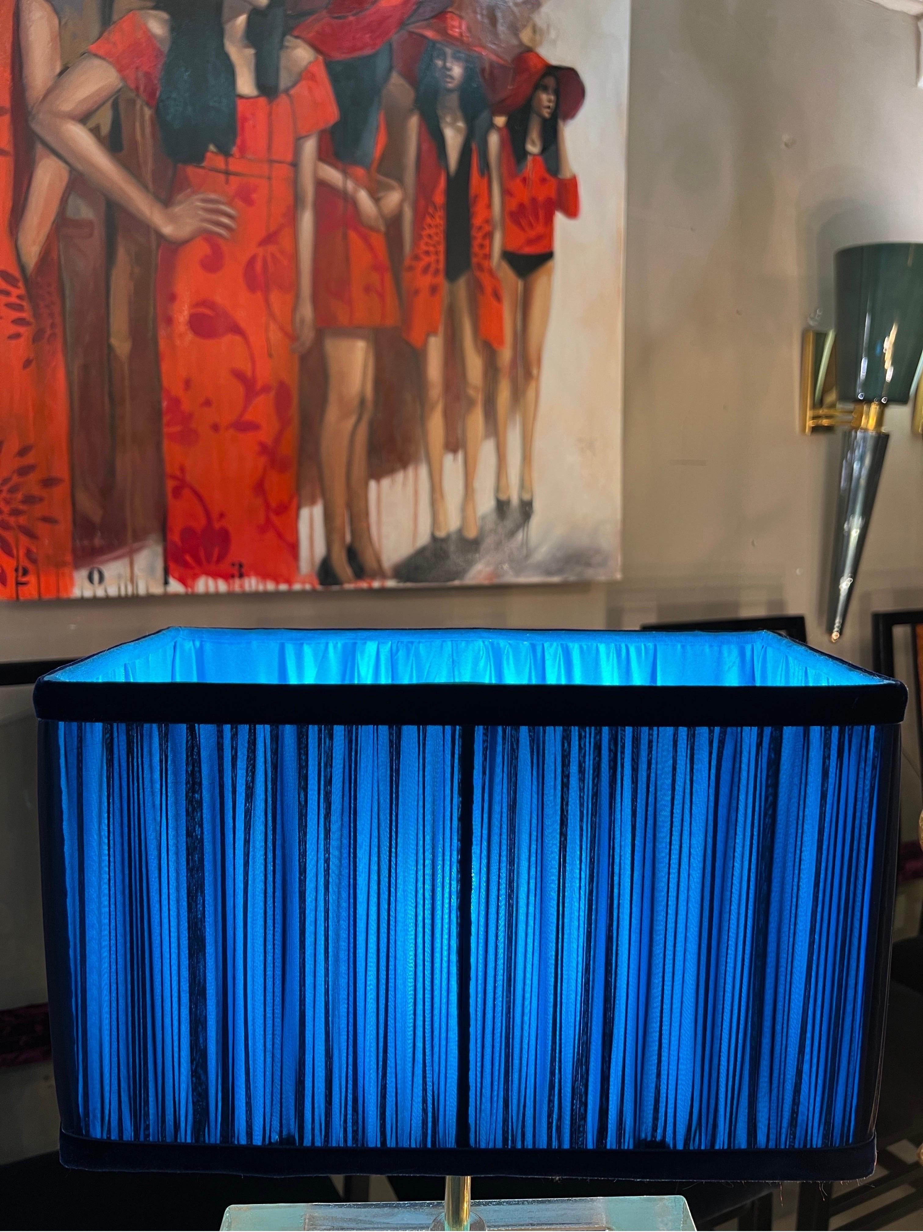 Brass Clear Murano Glass Blocks Lamps with Our Turquoise and Blue Lampshades, 1970s For Sale