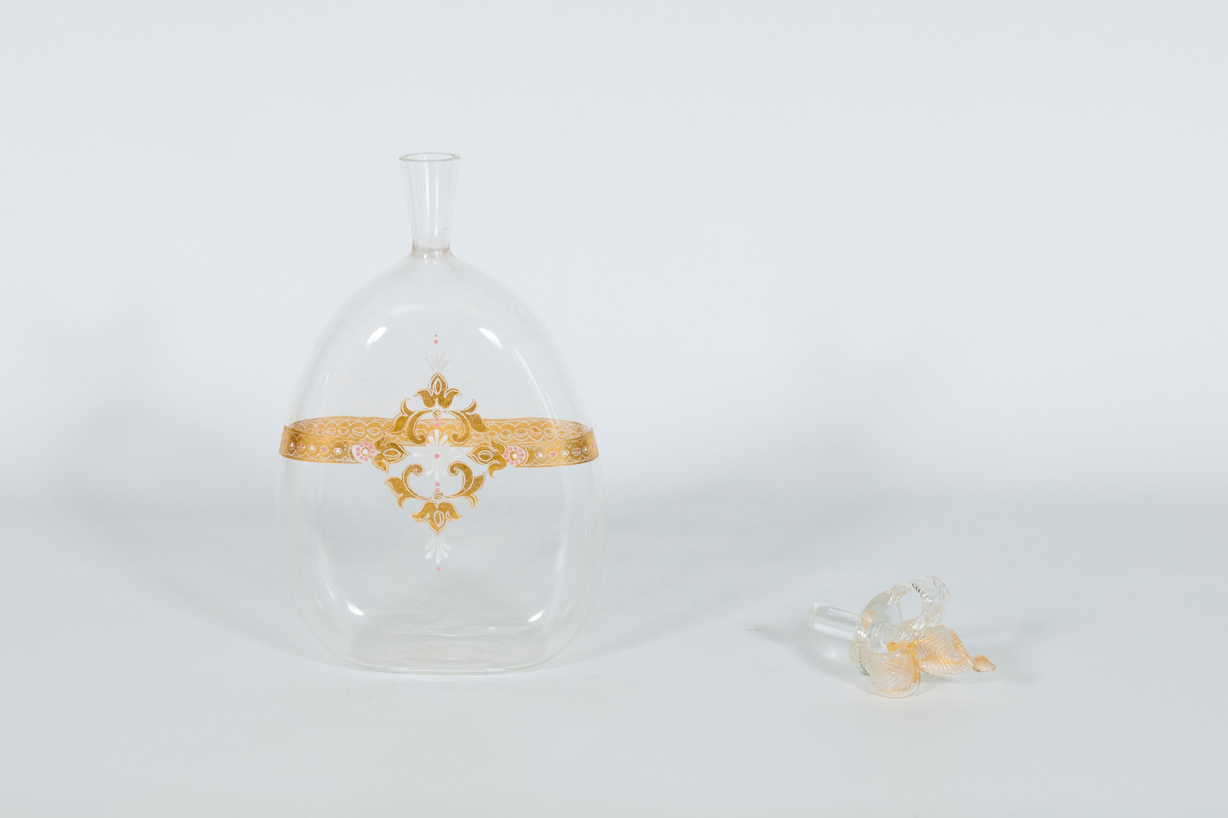 Bouteille en verre de Murano transparent avec décoration en or 24 carats faite à la main, Venise, années 1980 en vente 2