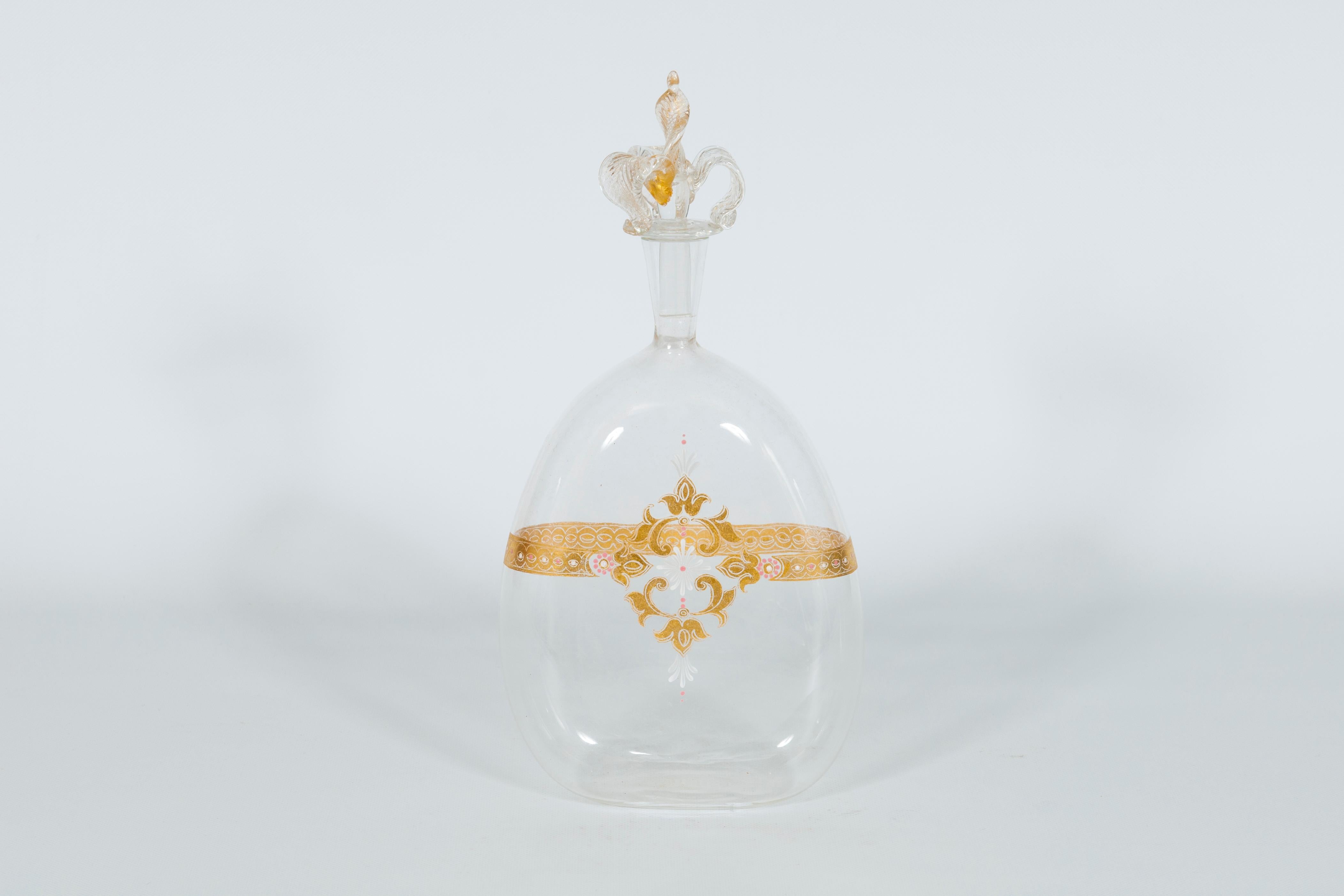Mid-Century Modern Bouteille en verre de Murano transparent avec décoration en or 24 carats faite à la main, Venise, années 1980 en vente