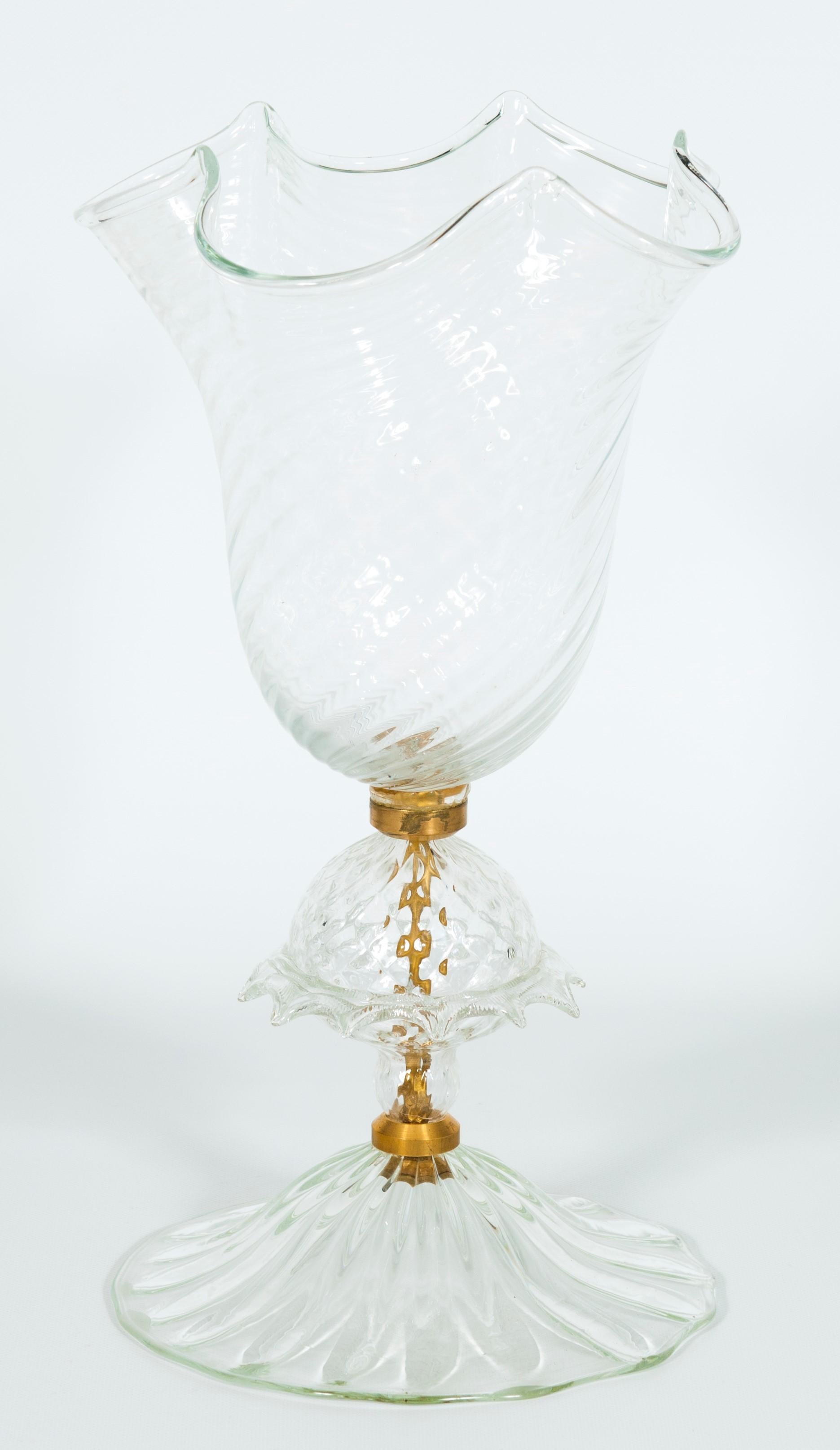 Clear Murano glass handkerchief vase with Morise, Giovanni Dalla Fina, 1990s.
Transparent Murano glass 