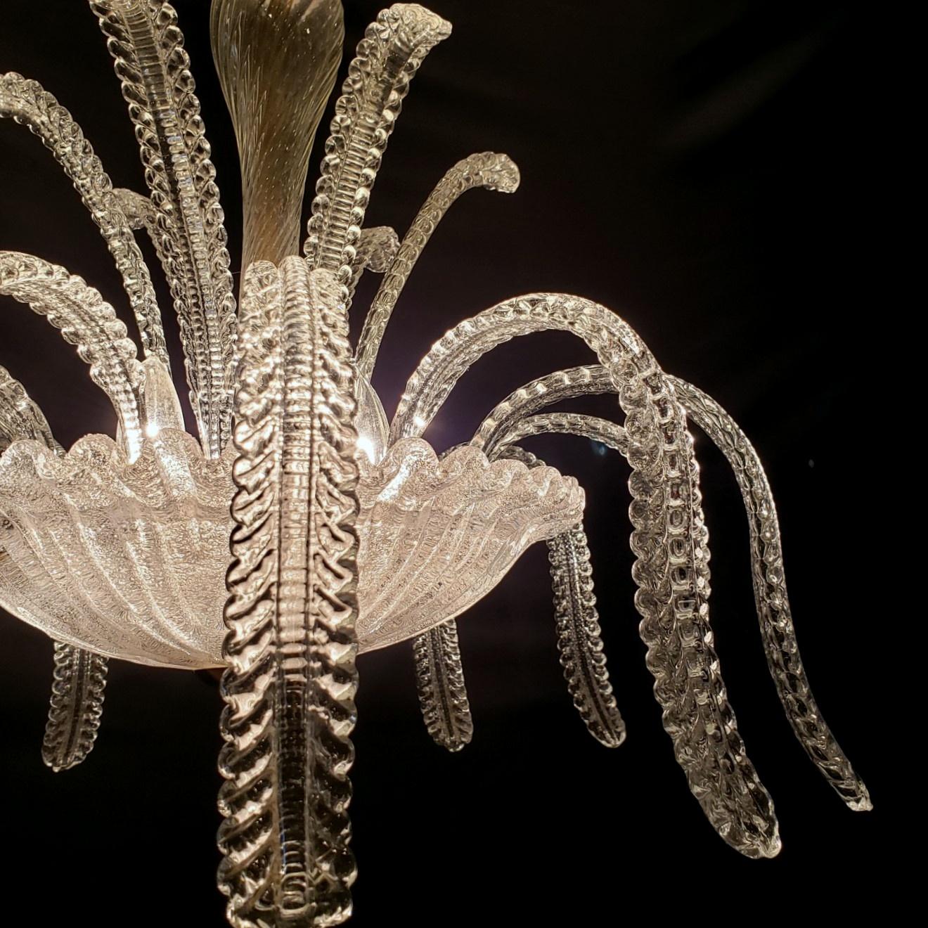 Clear Murano Glass Overflowing Leaves Bowl Chandelier In Good Condition For Sale In New York, NY