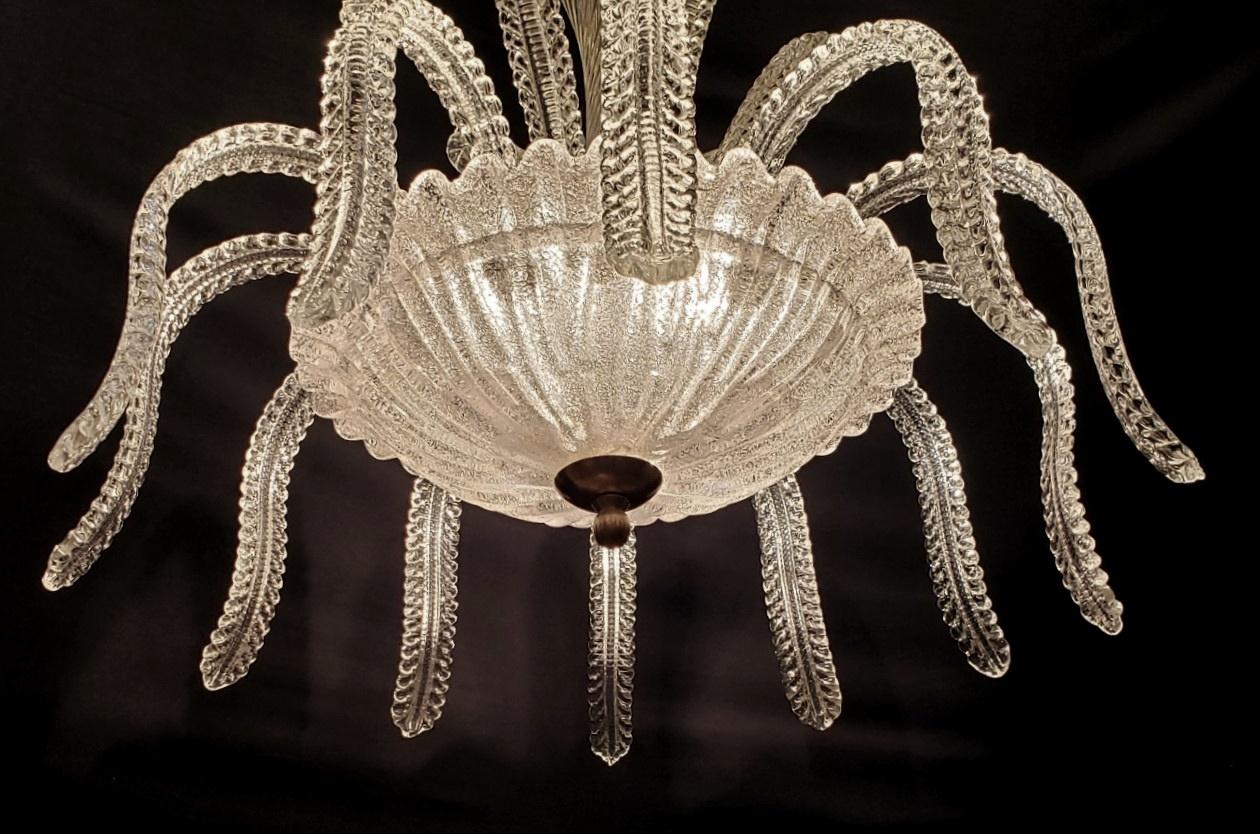 Metal Clear Murano Glass Overflowing Leaves Bowl Chandelier For Sale