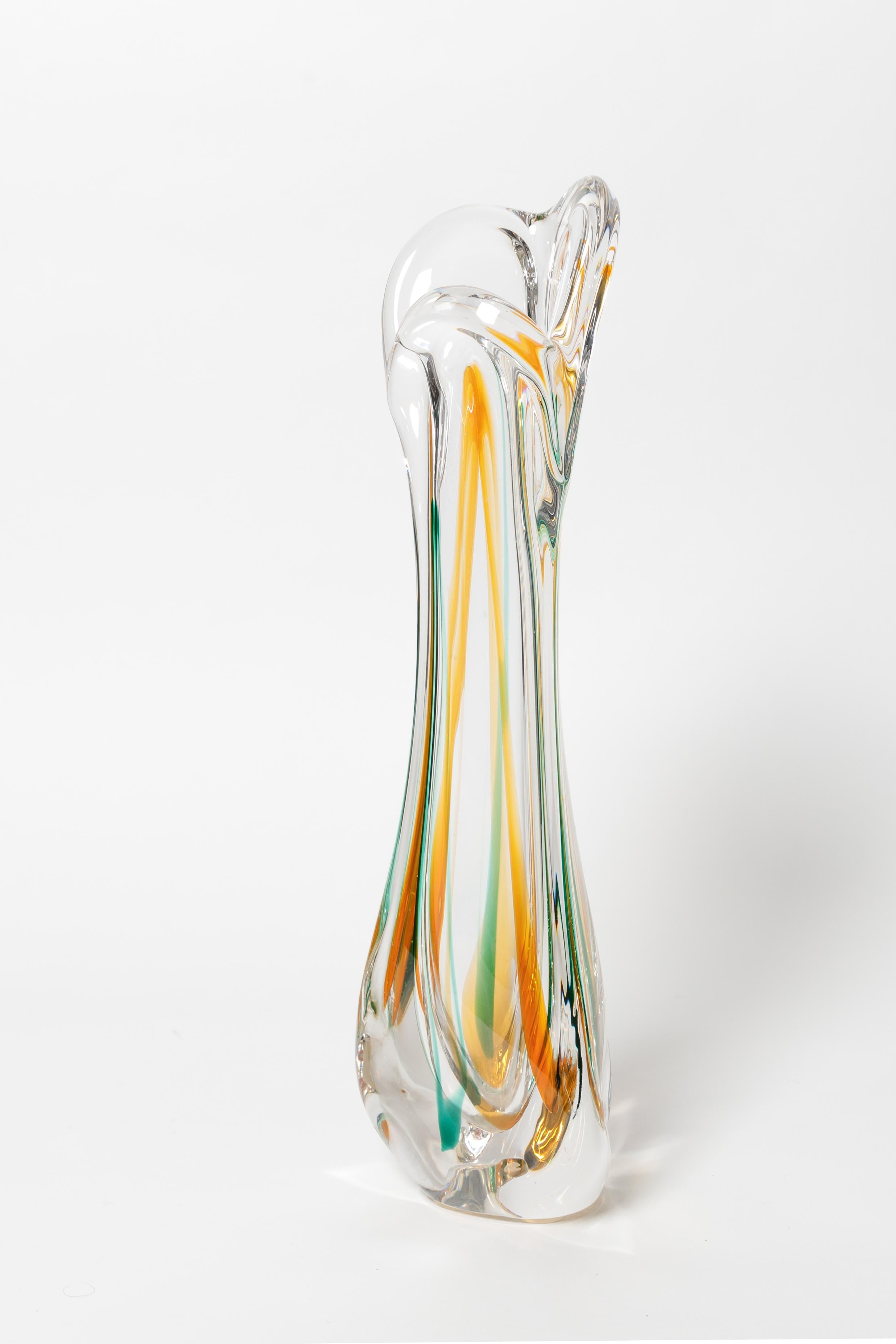 Mid-Century Modern Clear Murano Glass Vase with Green and Gold, signed For Sale