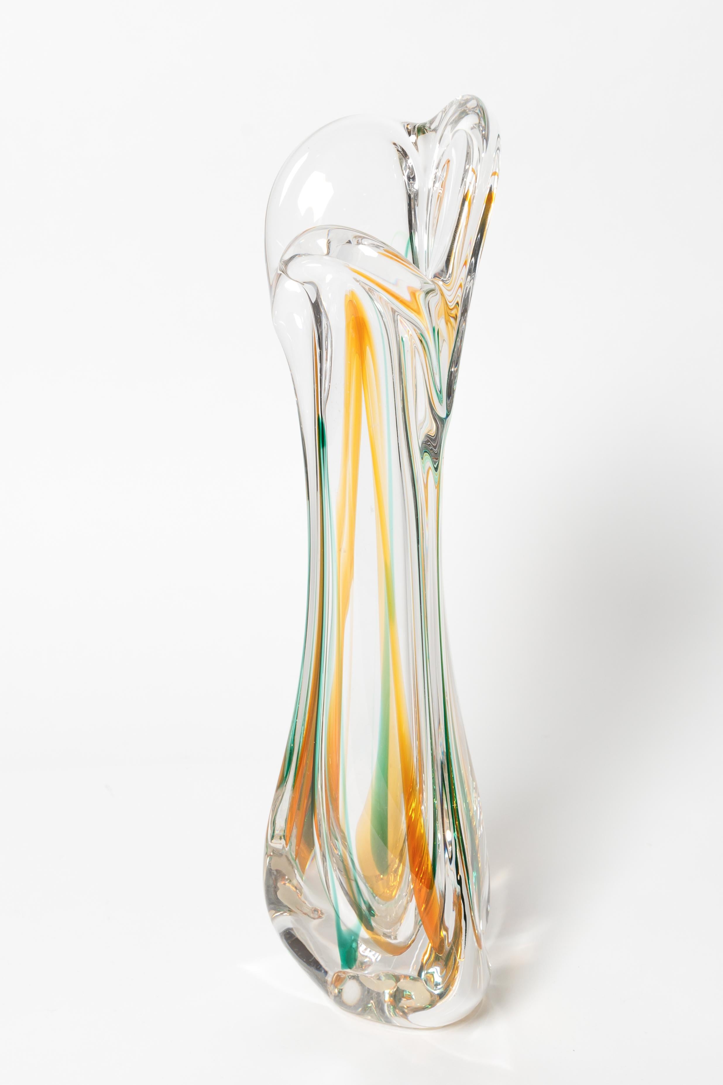 Italian Clear Murano Glass Vase with Green and Gold, signed For Sale